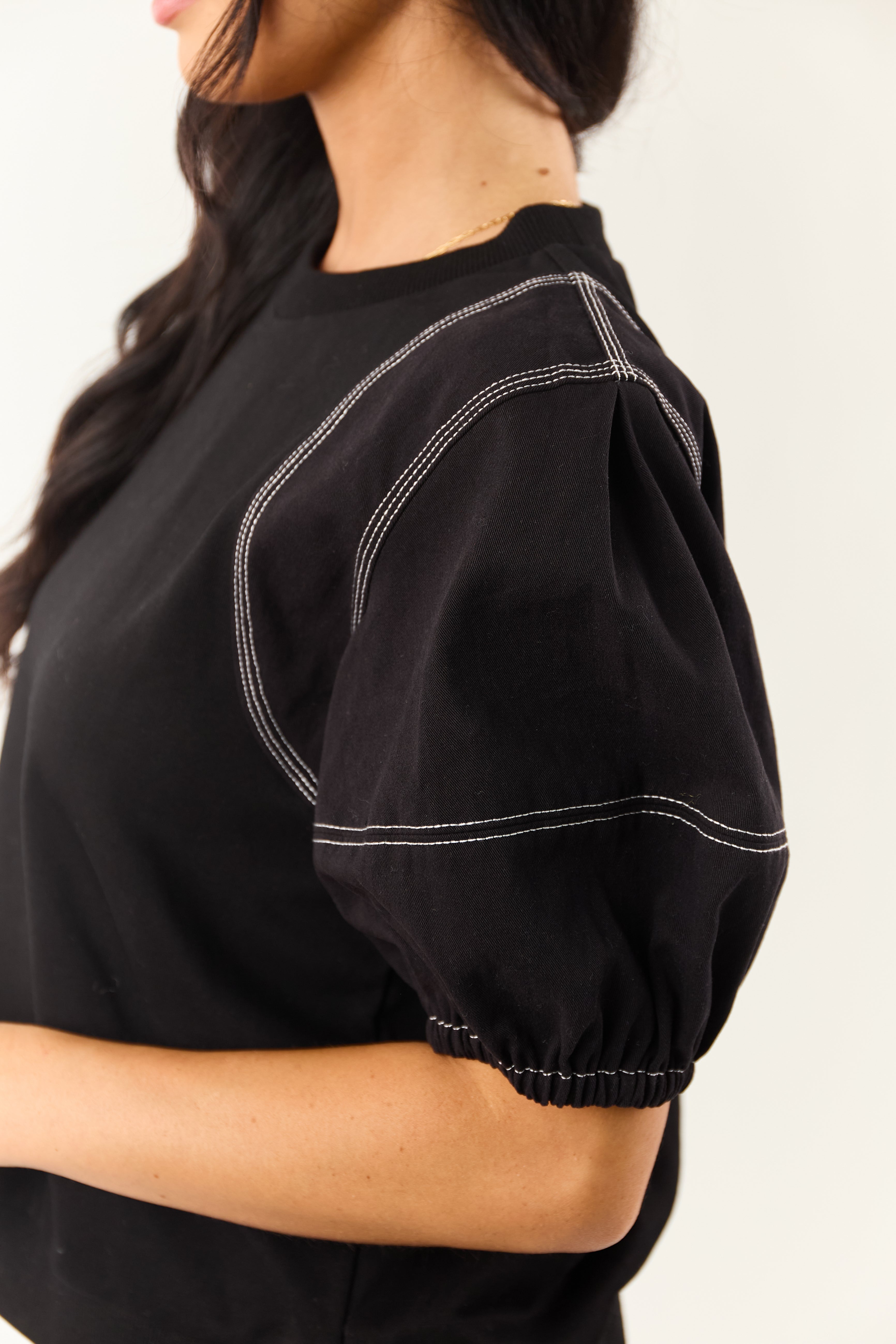 Entro Black Half Puff Sleeve Contrast Seam Cotton Top