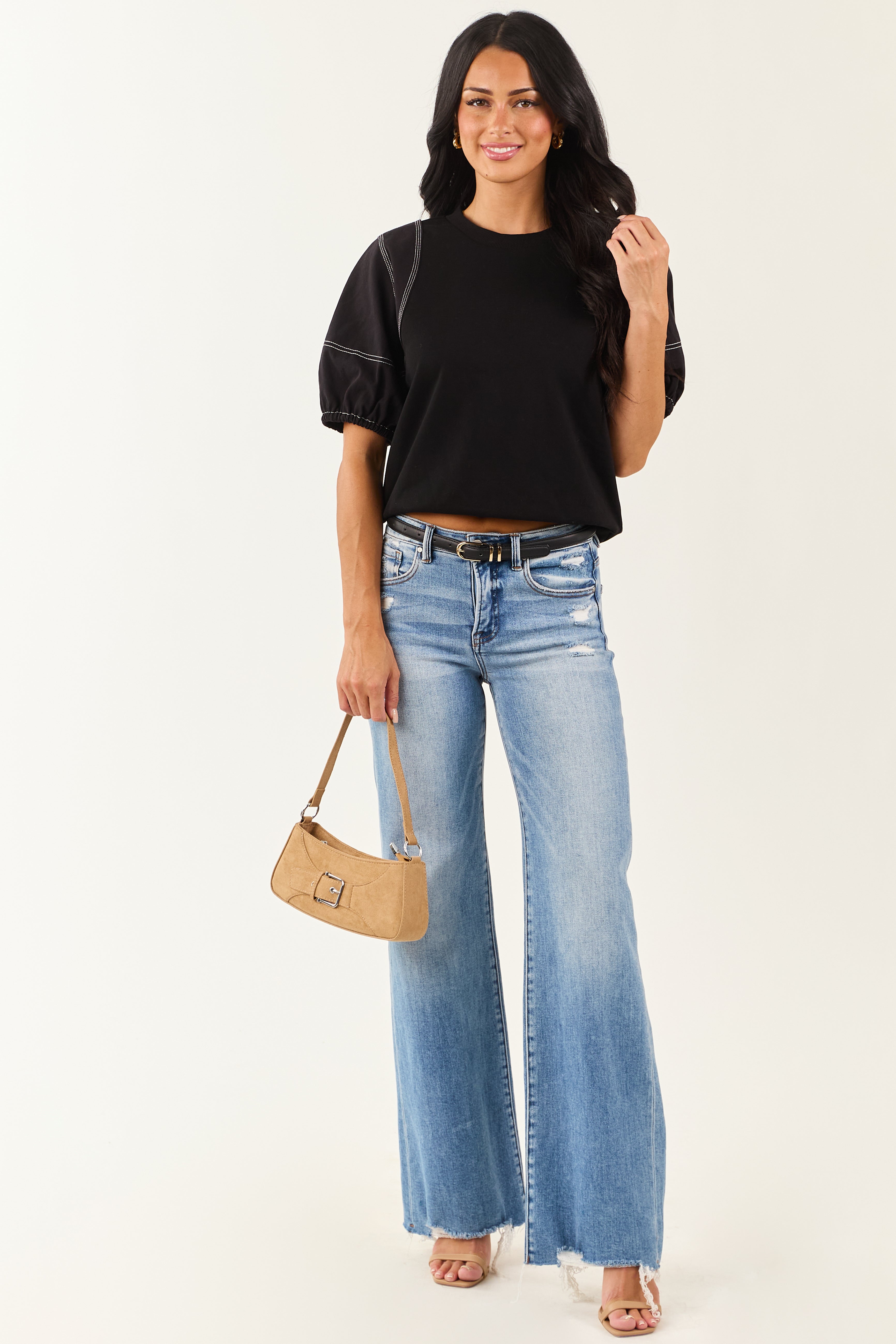 Entro Black Half Puff Sleeve Contrast Seam Cotton Top