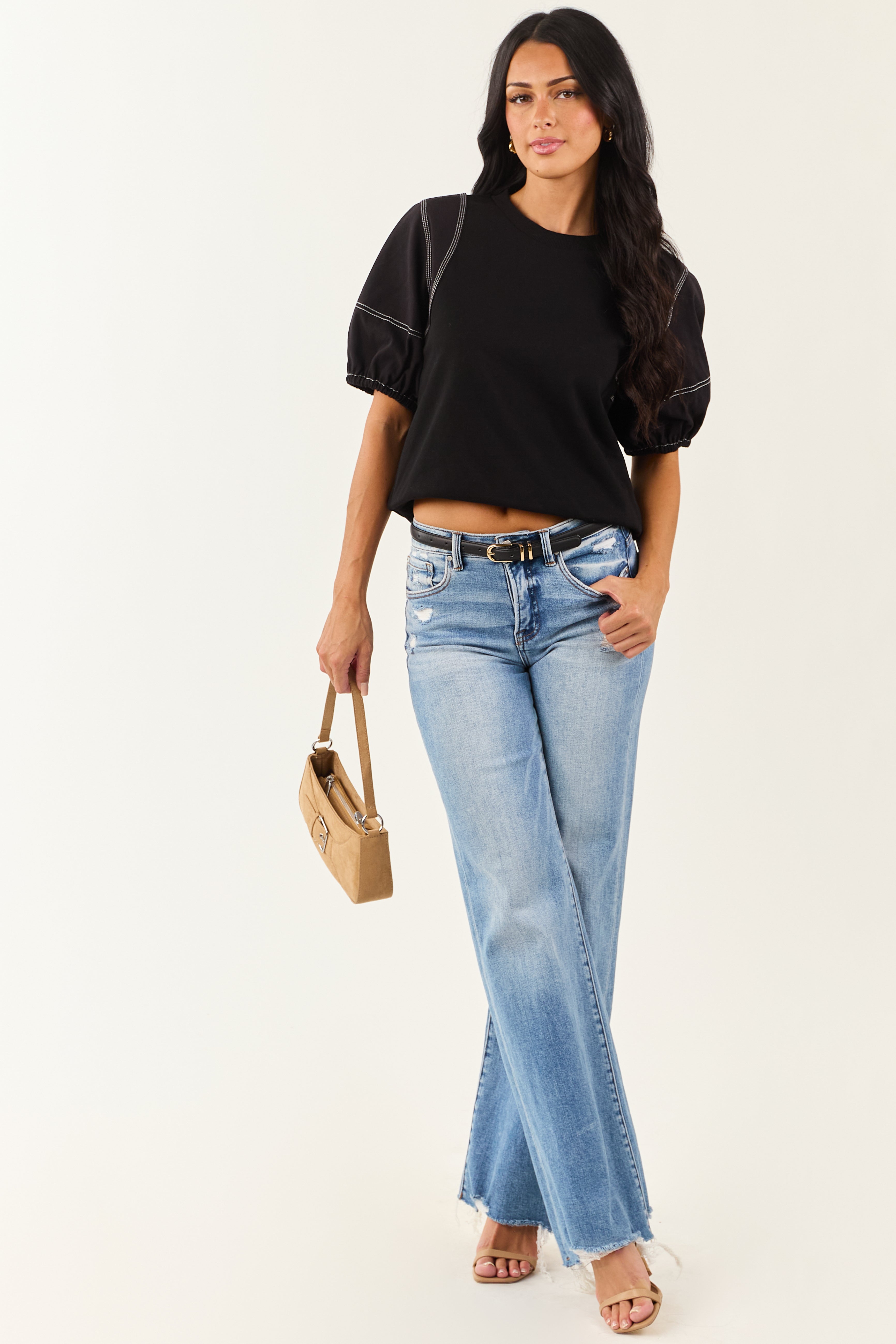 Entro Black Half Puff Sleeve Contrast Seam Cotton Top