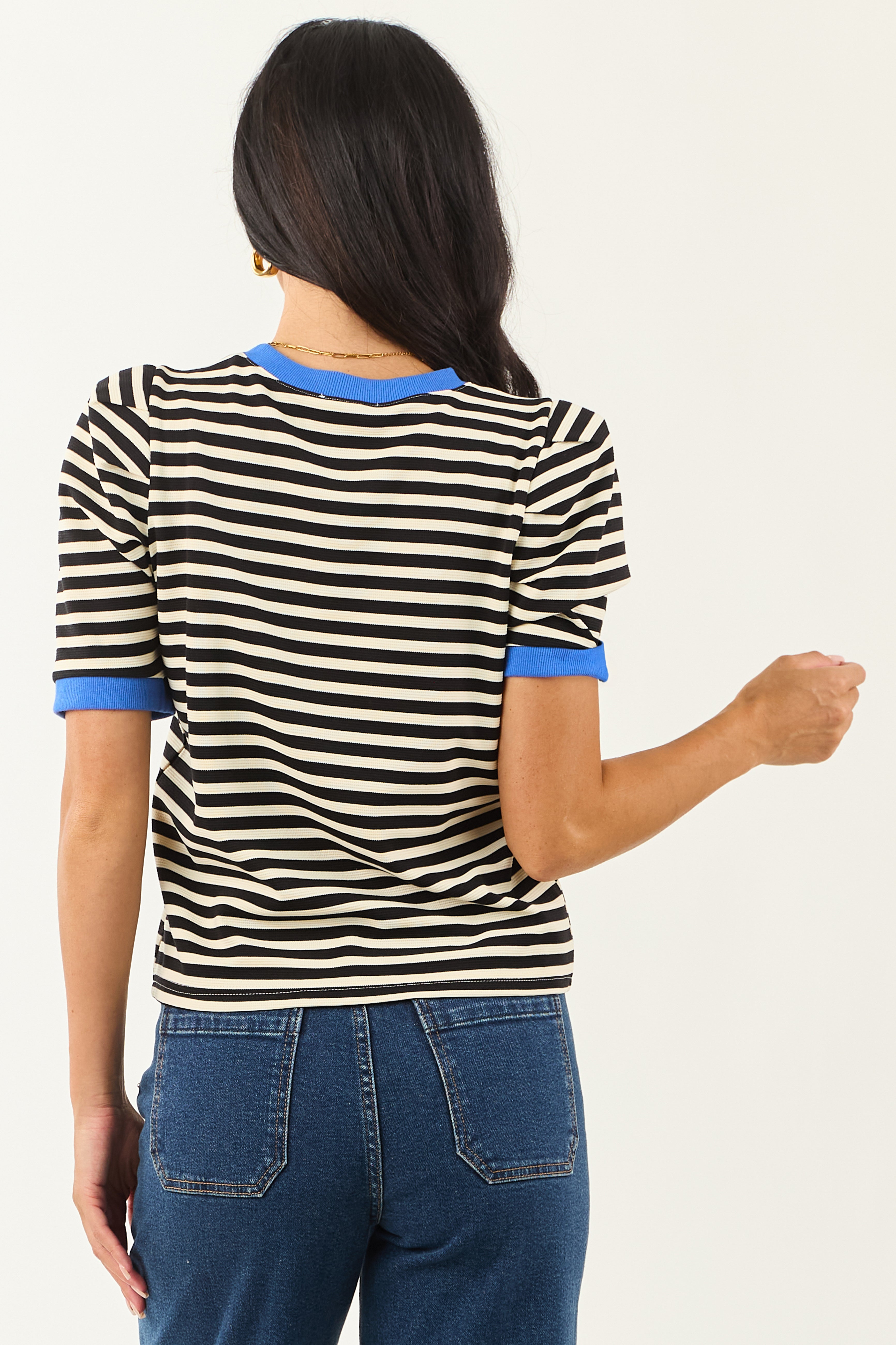 Entro Black Striped Contrast Trim Short Sleeve Top