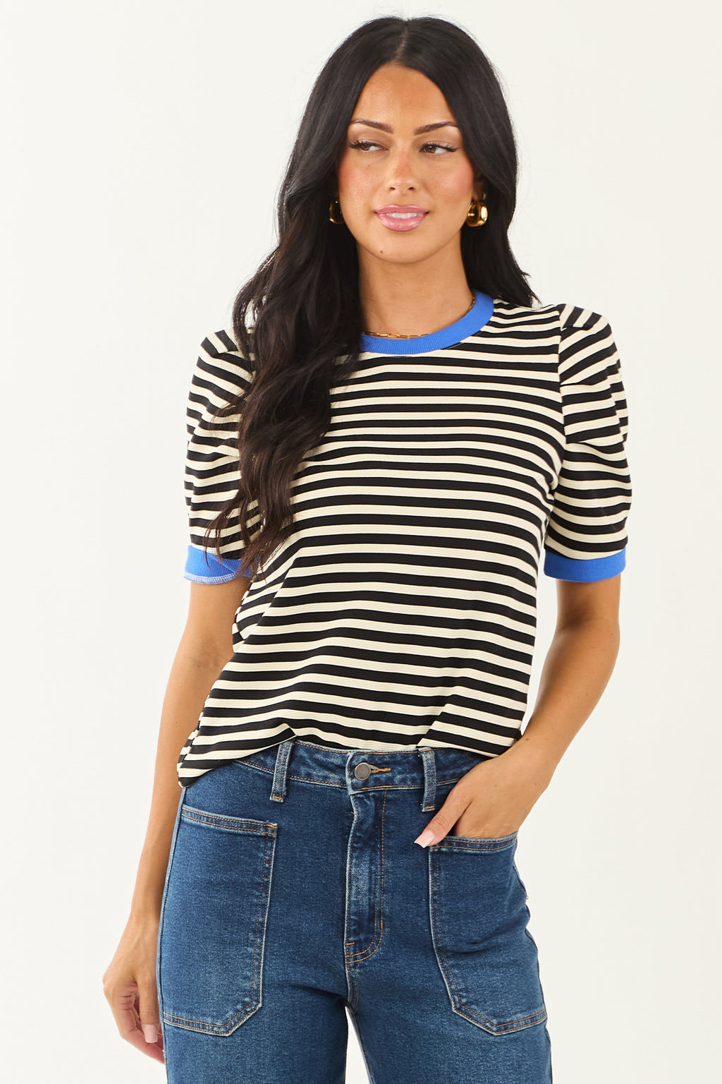 Entro Black Striped Contrast Trim Short Sleeve Top