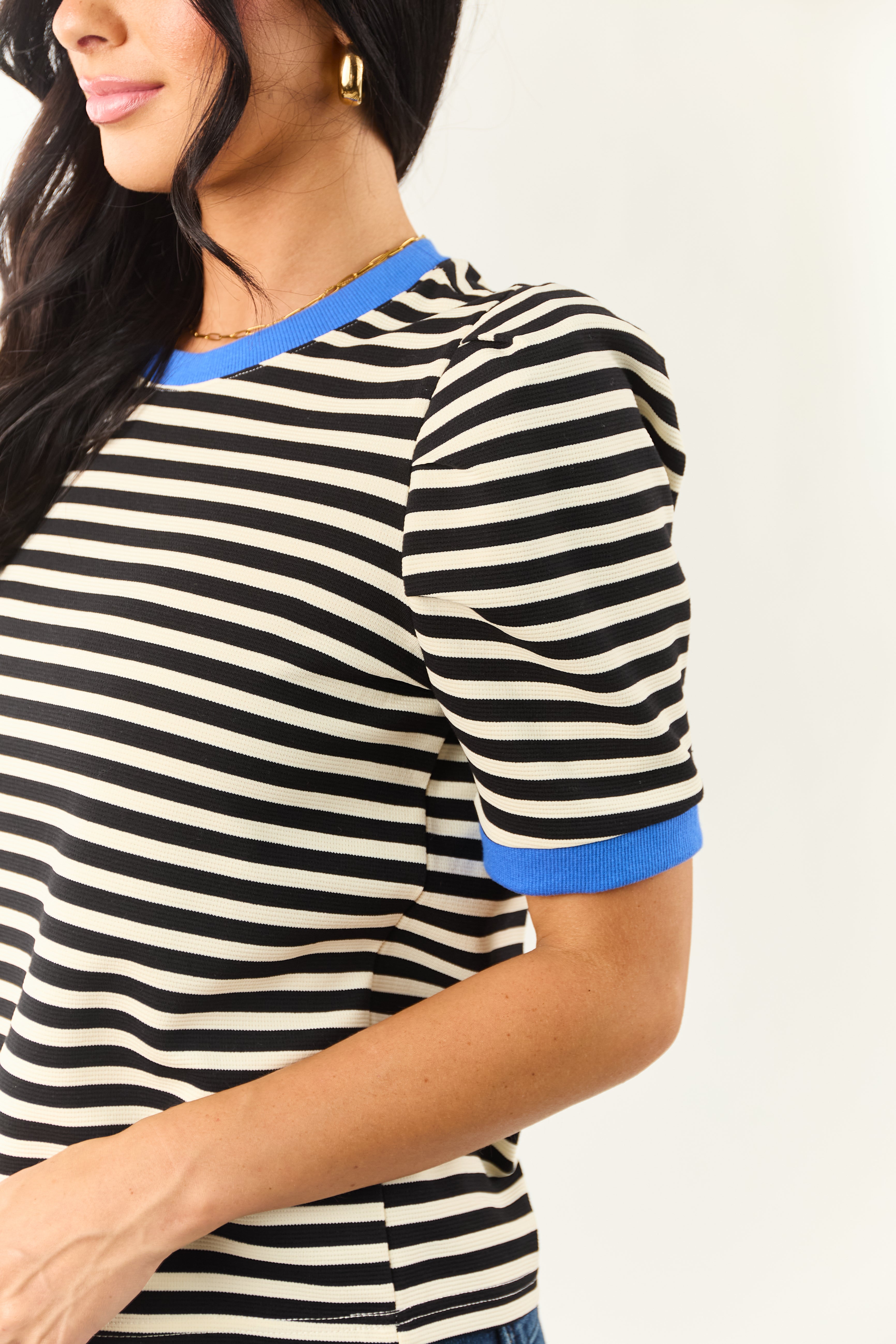 Entro Black Striped Contrast Trim Short Sleeve Top