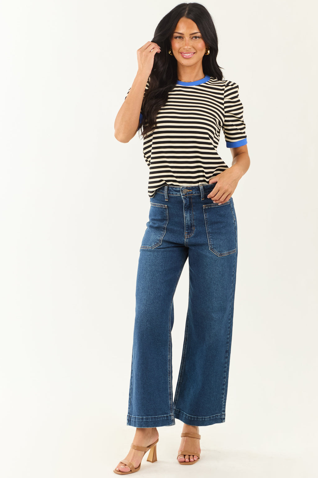 Entro Black Striped Contrast Trim Short Sleeve Top