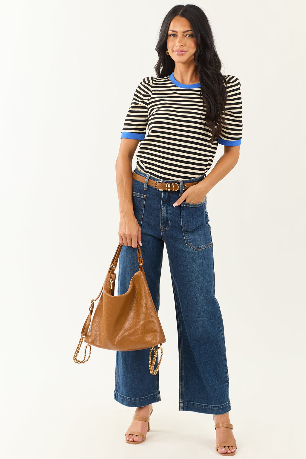 Entro Black Striped Contrast Trim Short Sleeve Top