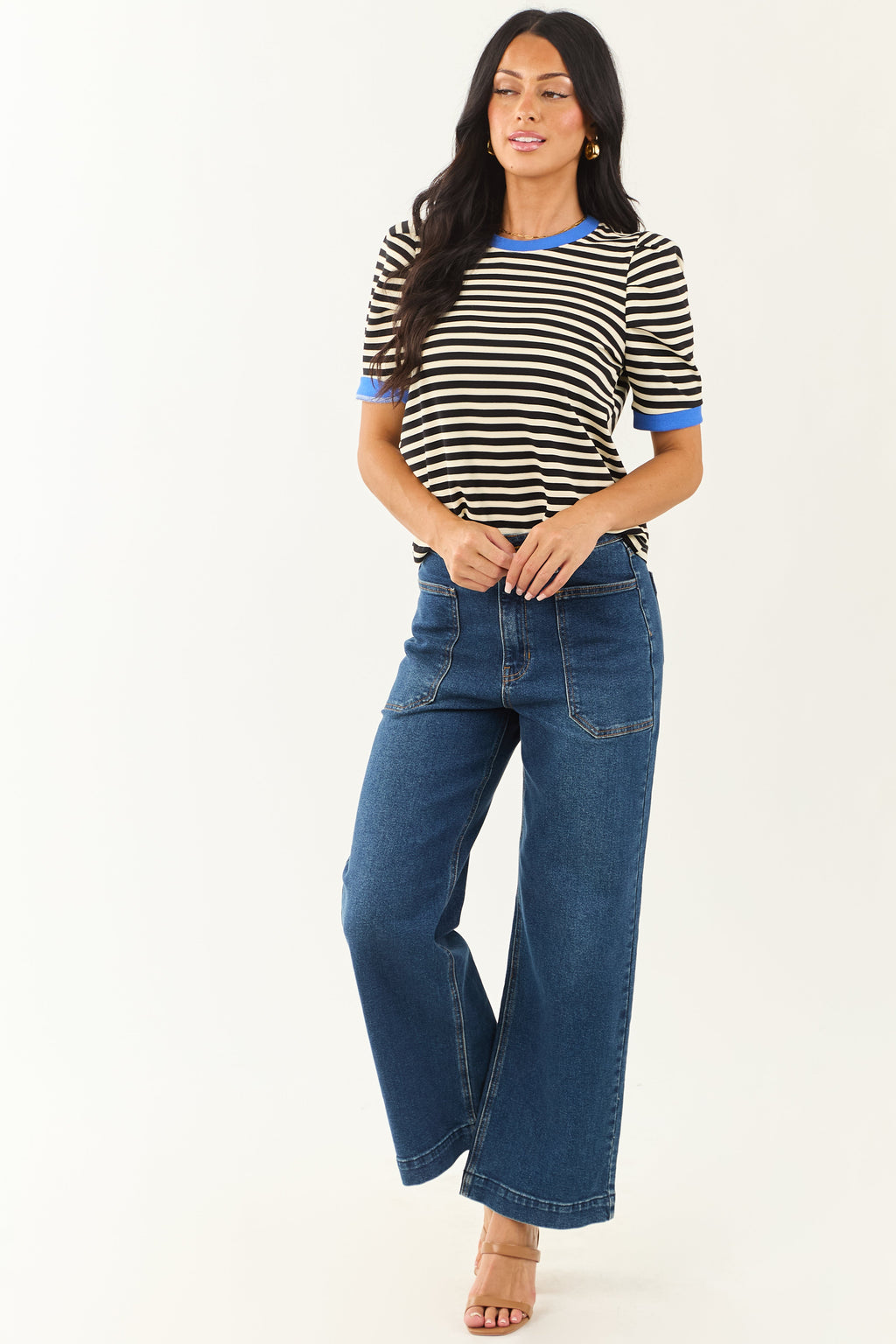 Entro Black Striped Contrast Trim Short Sleeve Top