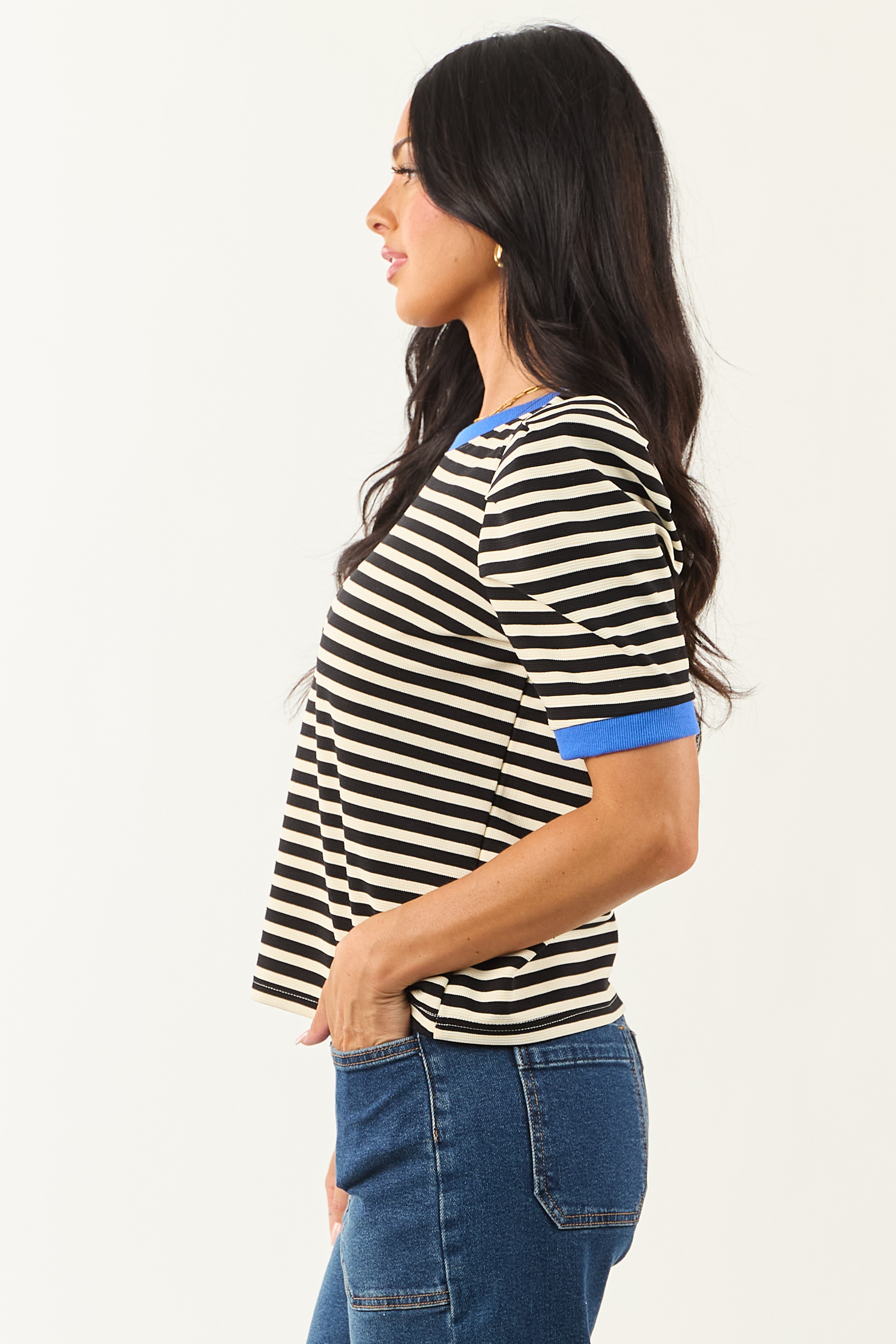 Entro Black Striped Contrast Trim Short Sleeve Top