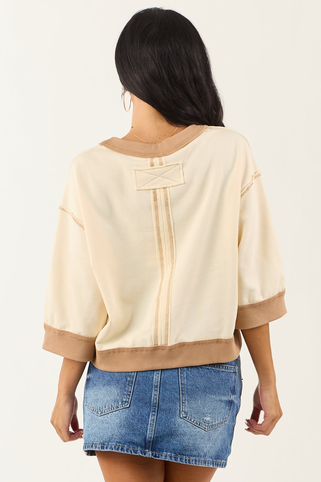 Entro Cream Contrast Trim Half Sleeve Knit Top