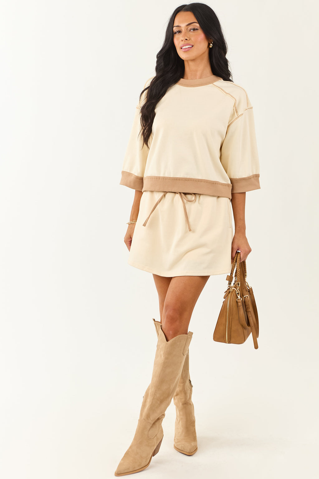 Entro Cream Contrast Trim Half Sleeve Knit Top