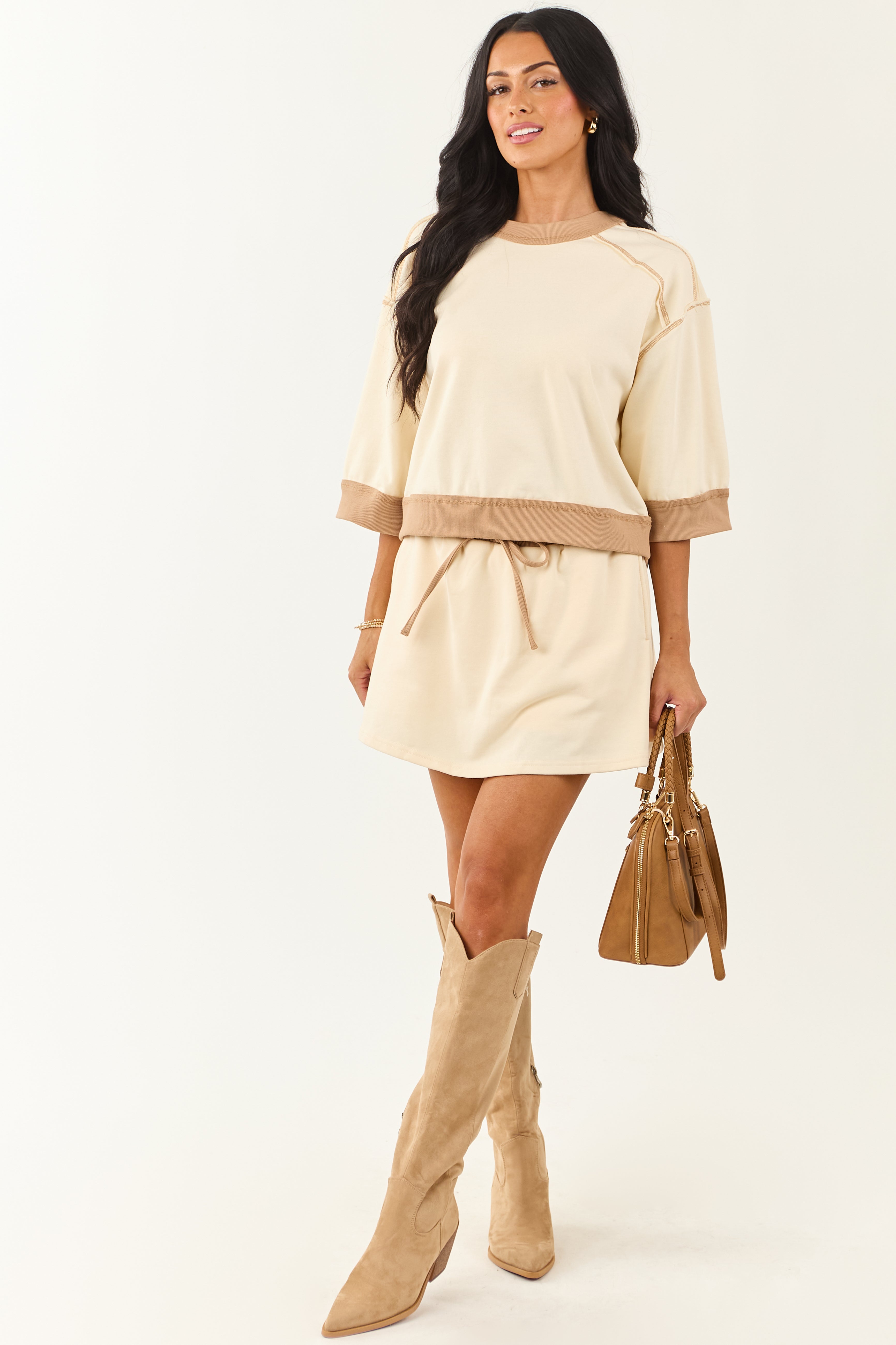 Entro Cream Contrast Trim Half Sleeve Knit Top