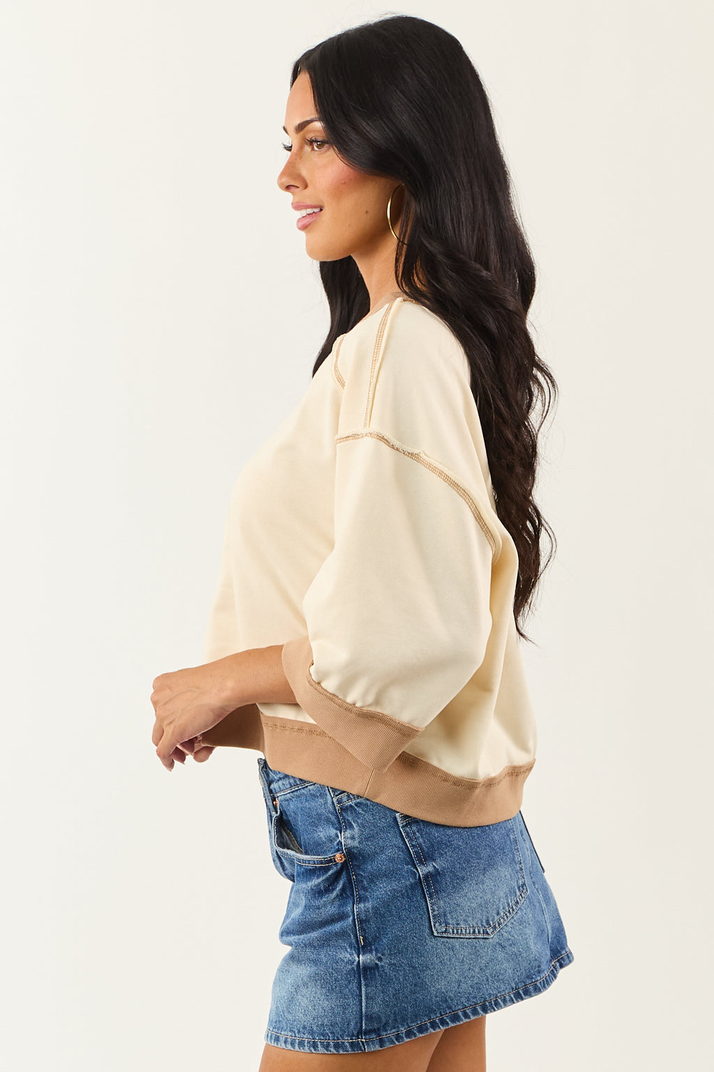 Entro Cream Contrast Trim Half Sleeve Knit Top