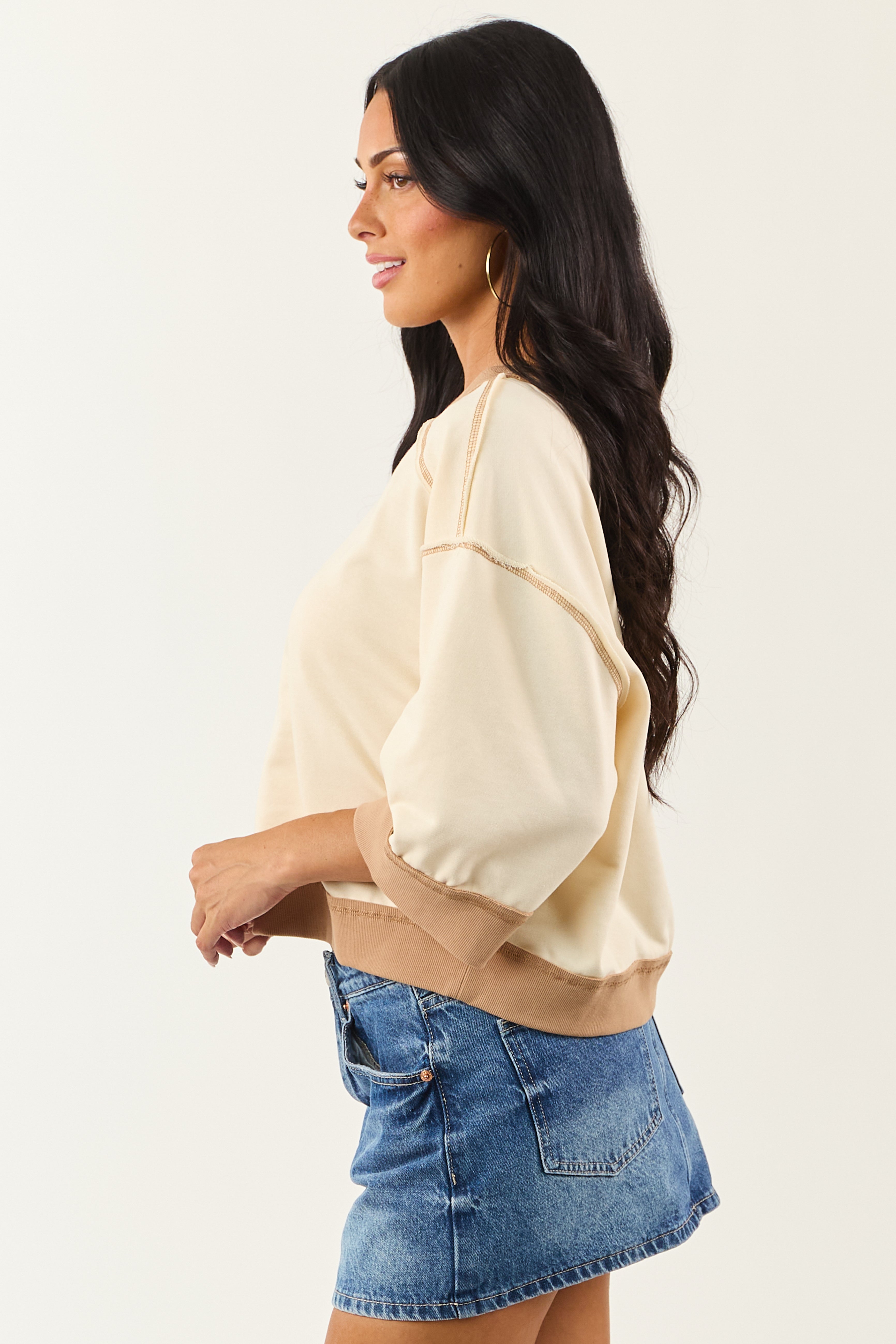 Entro Cream Contrast Trim Half Sleeve Knit Top