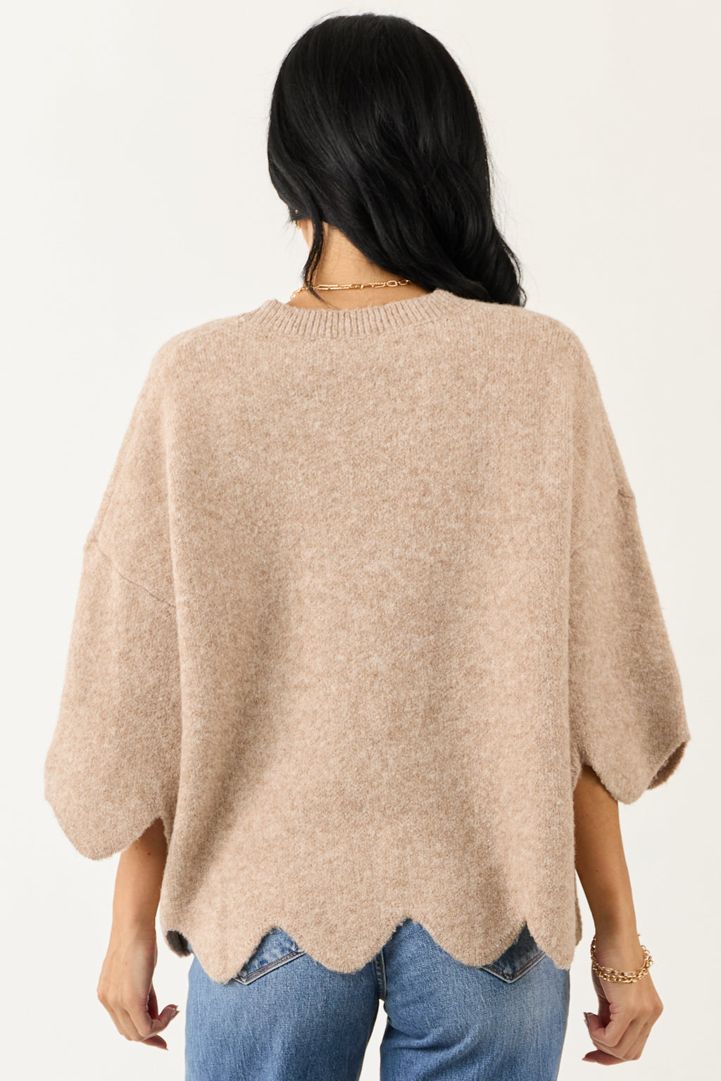 Entro Latte Scalloped Trim Half Sleeve Sweater Top