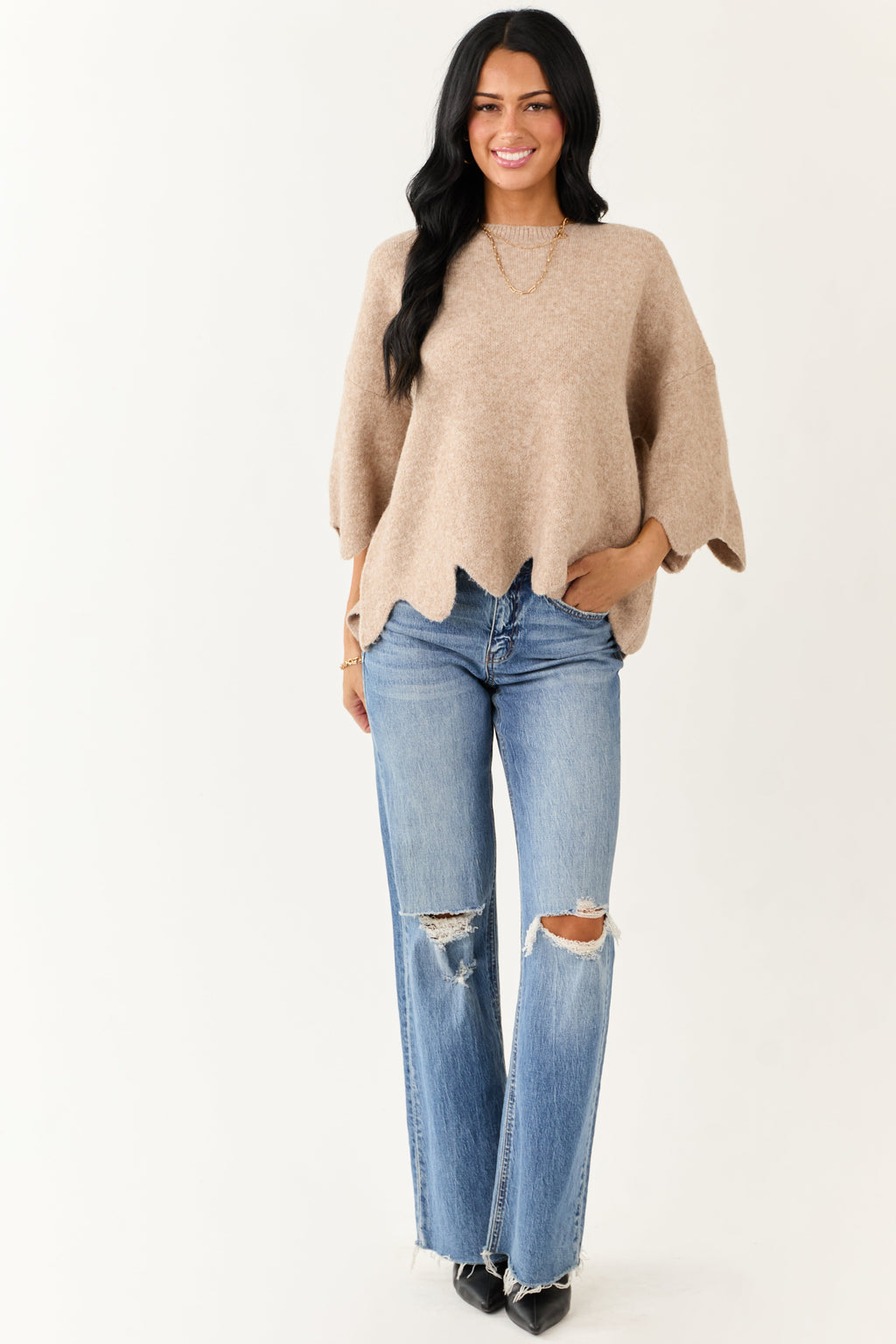 Entro Latte Scalloped Trim Half Sleeve Sweater Top