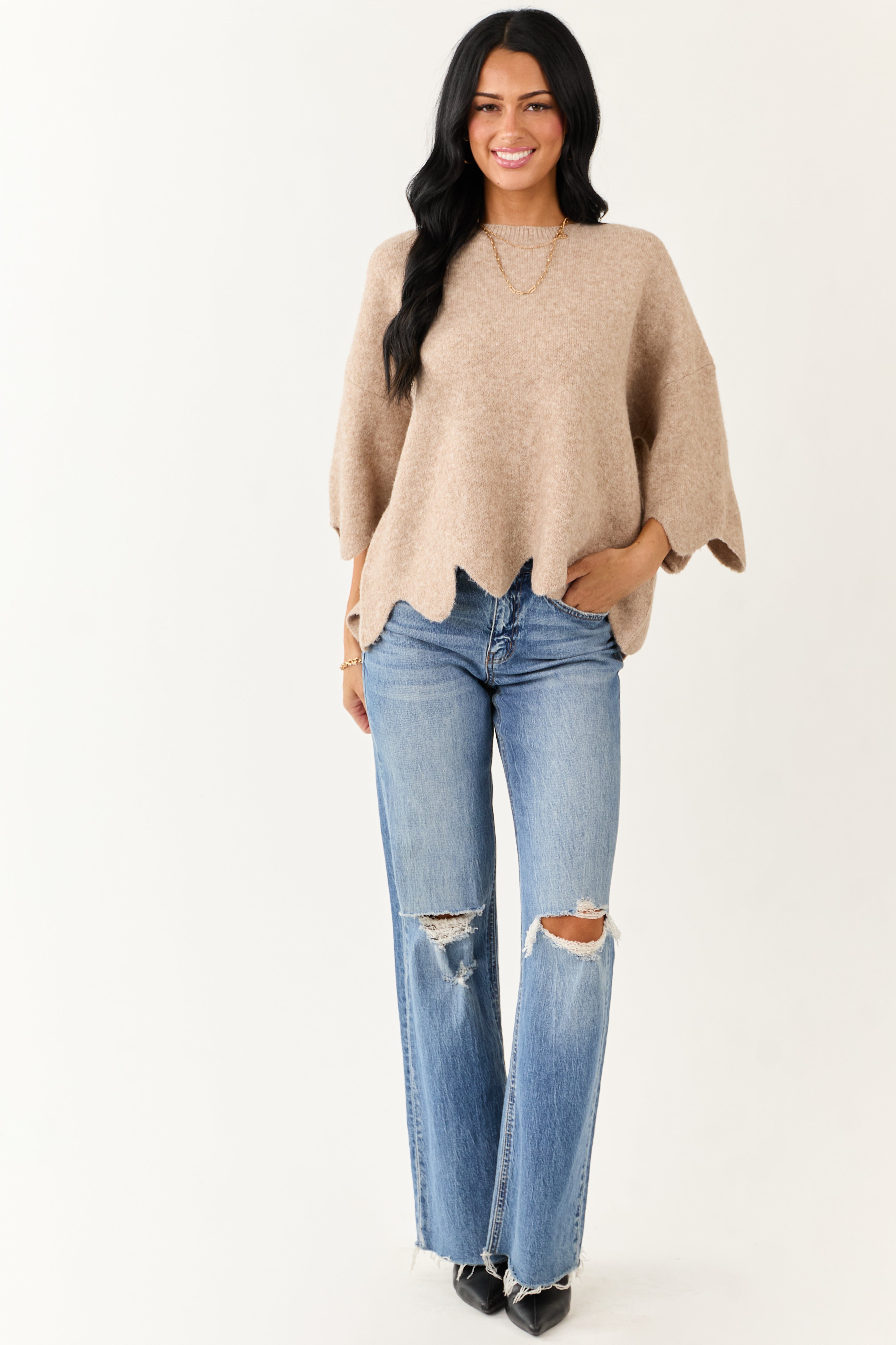 Entro Latte Scalloped Trim Half Sleeve Sweater Top