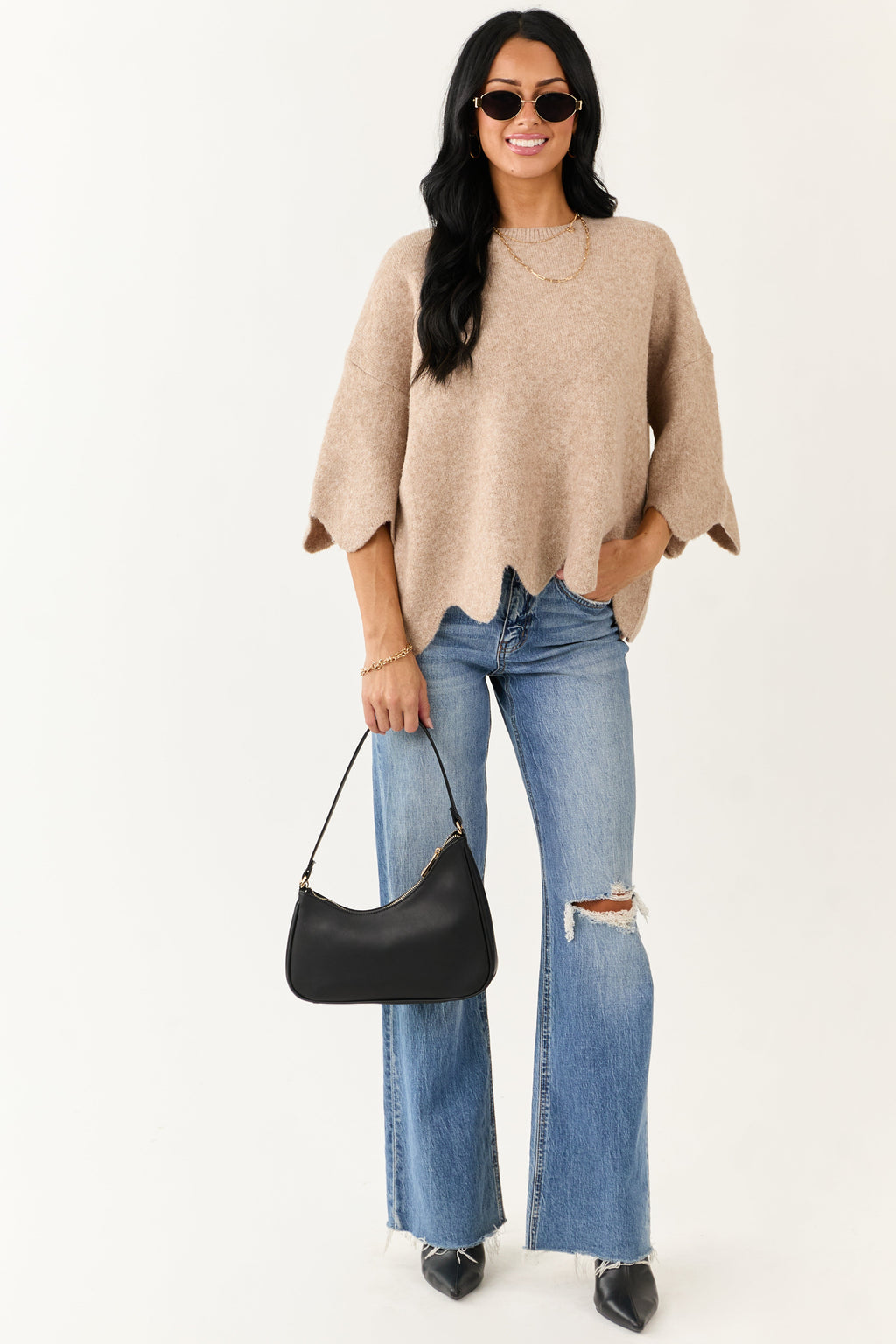 Entro Latte Scalloped Trim Half Sleeve Sweater Top