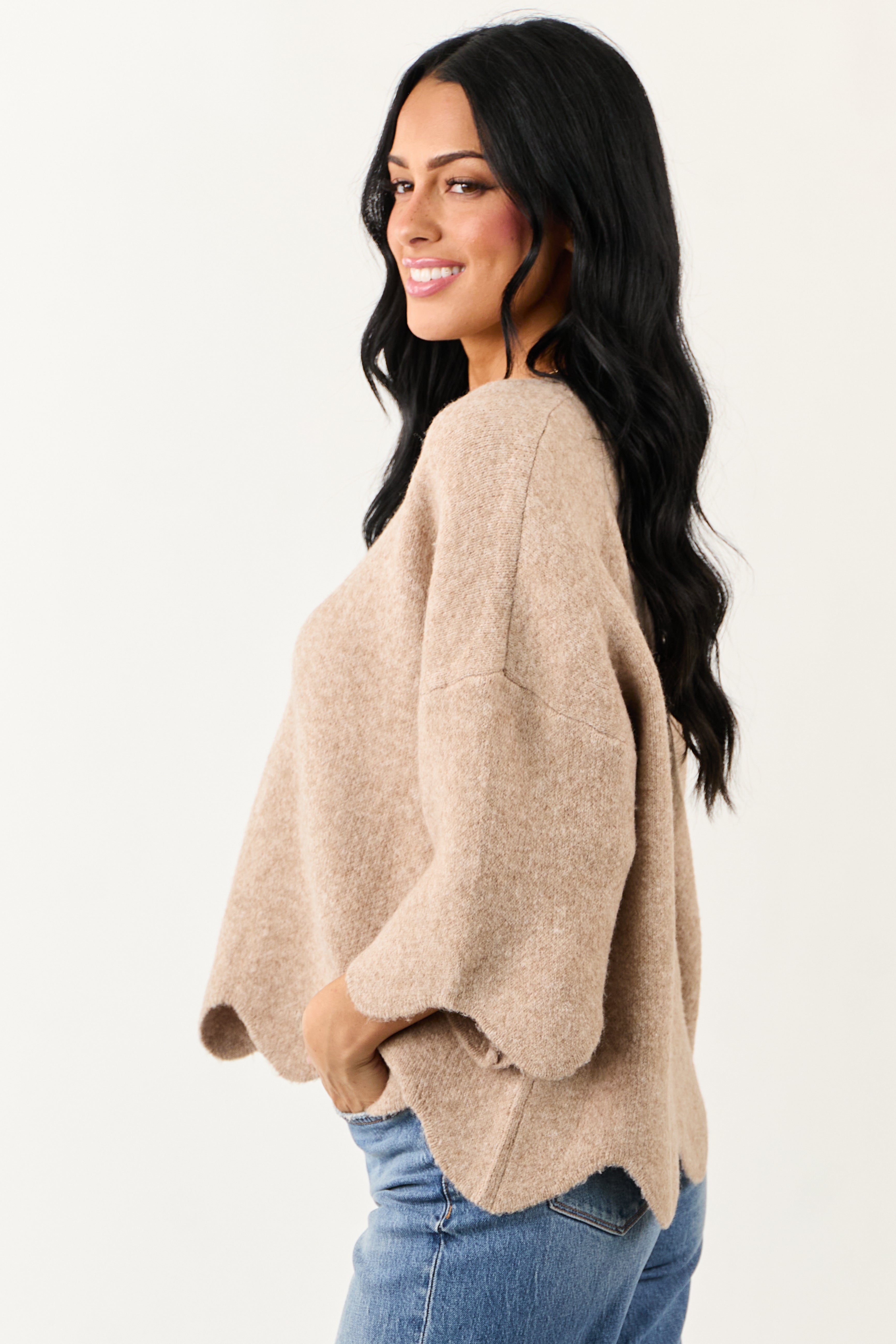 Entro Latte Scalloped Trim Half Sleeve Sweater Top