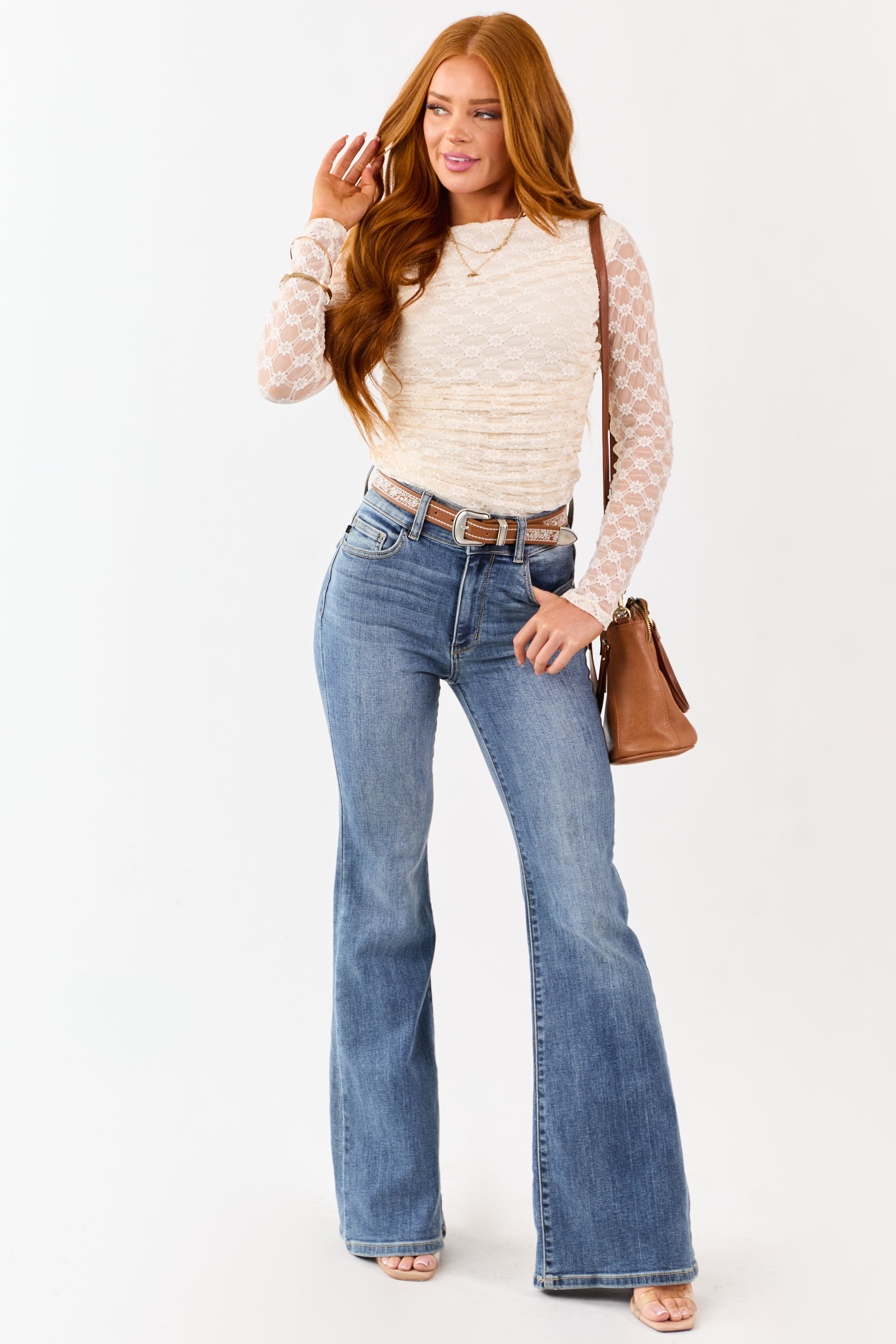 Flying Tomato Cream Floral Mesh Lace Ruched Top