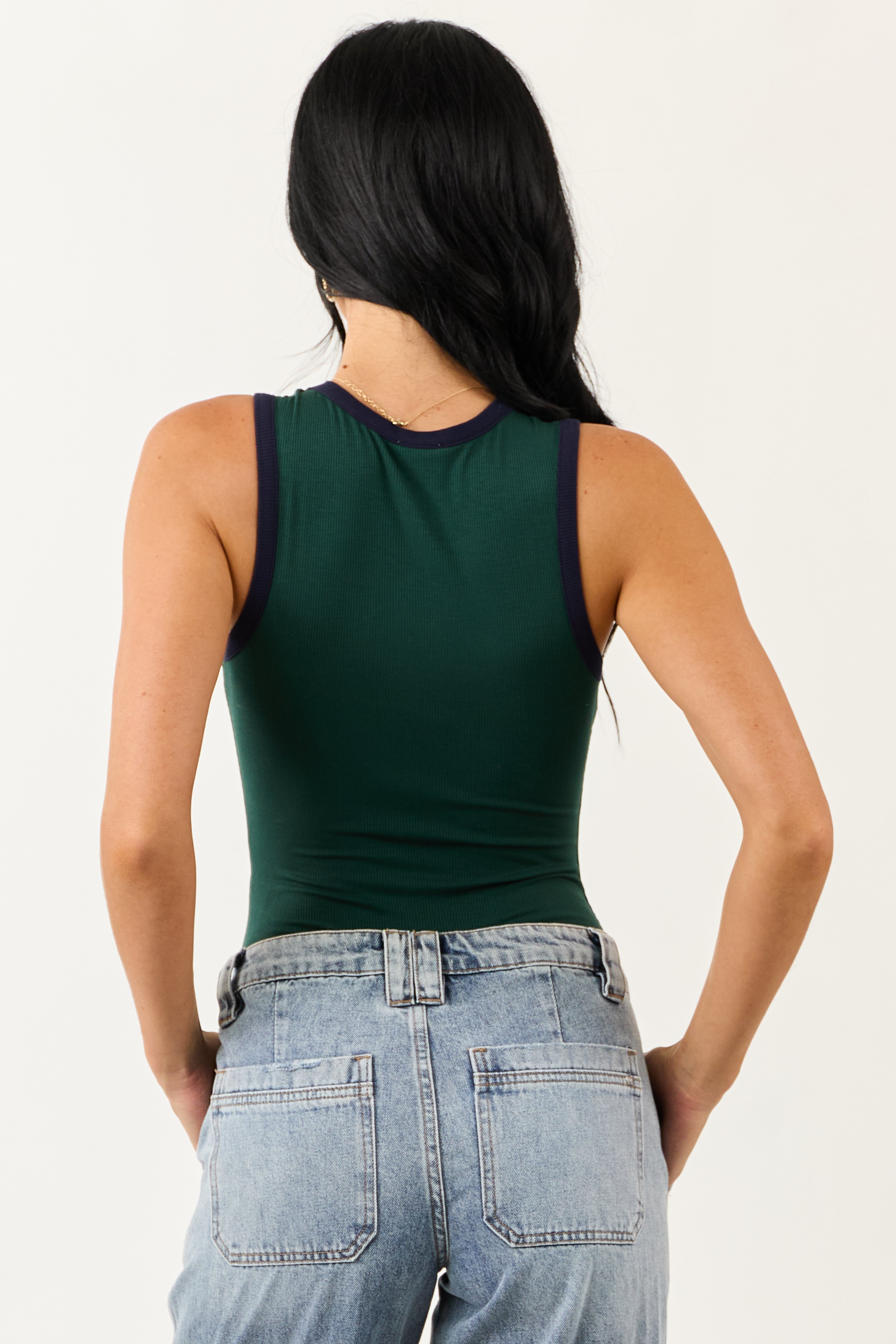 Forest Green Contrast Trim Rib Knit Tank Bodysuit