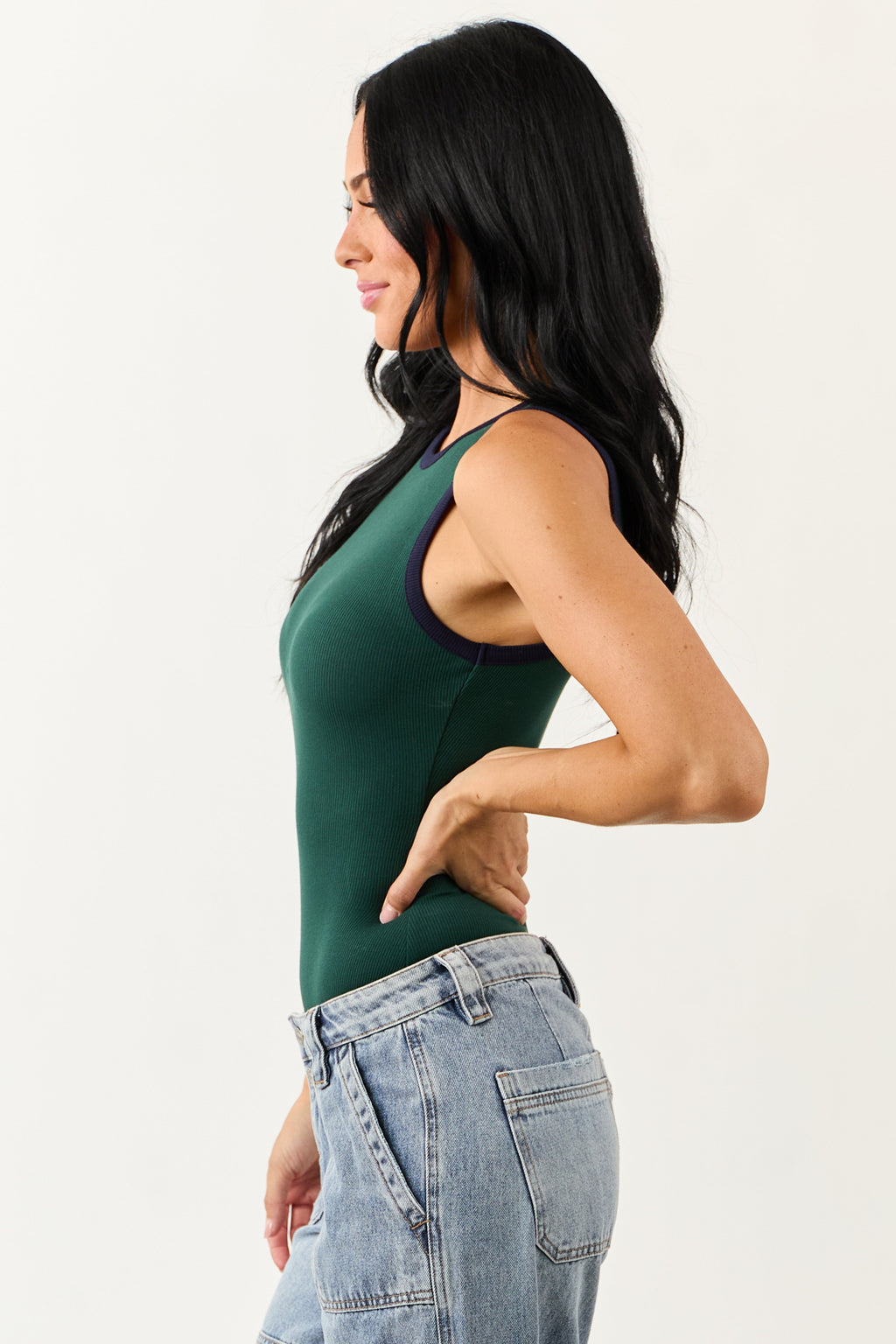 Forest Green Contrast Trim Rib Knit Tank Bodysuit