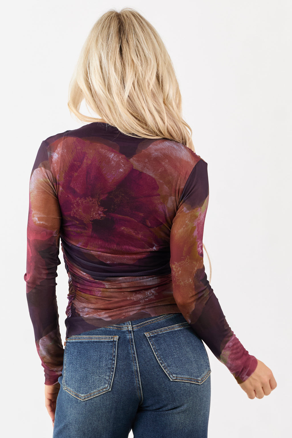 Grape Floral Print Long Sleeve Ruched Mesh Top