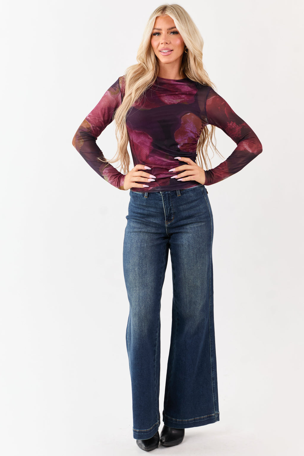 Grape Floral Print Long Sleeve Ruched Mesh Top