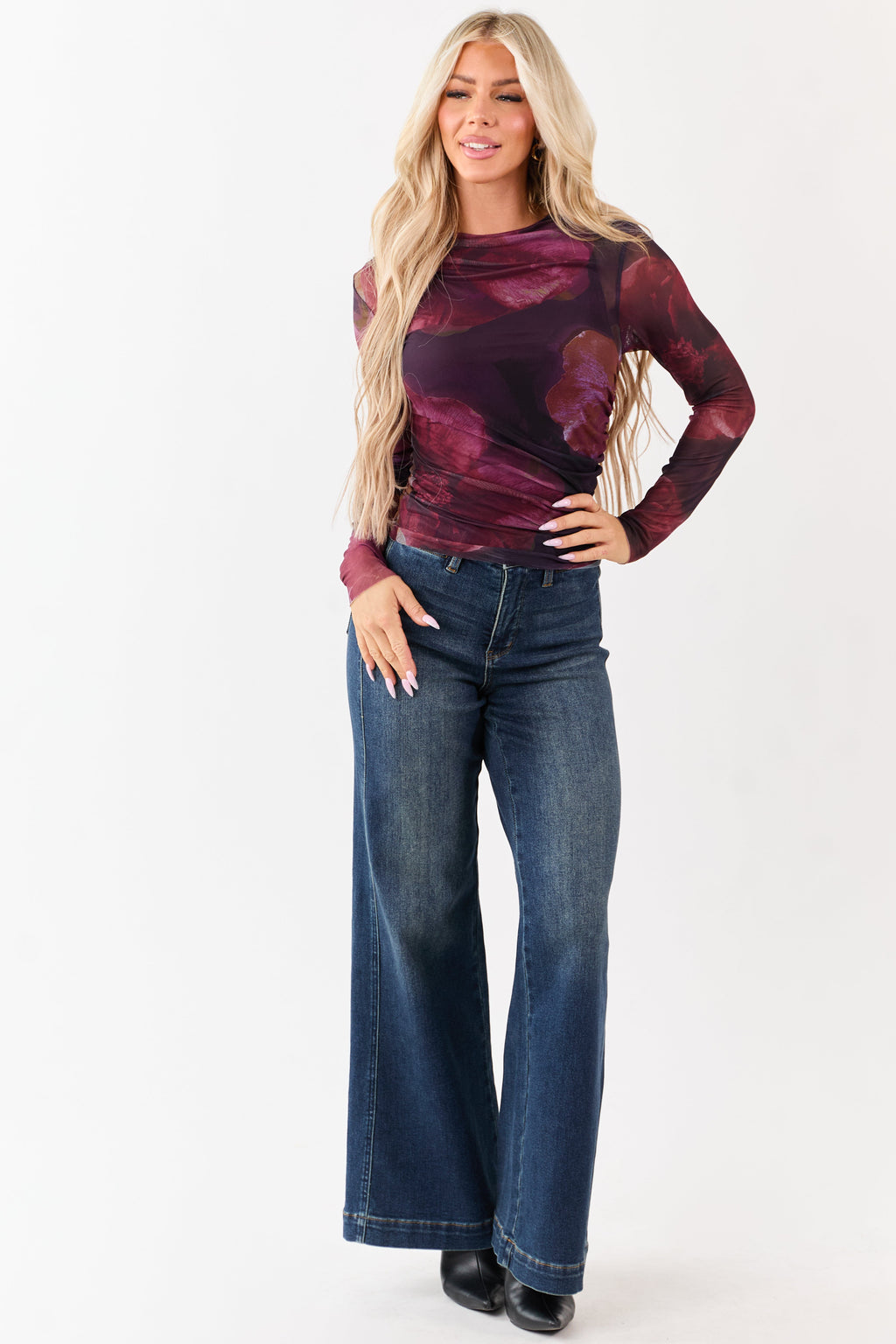 Grape Floral Print Long Sleeve Ruched Mesh Top