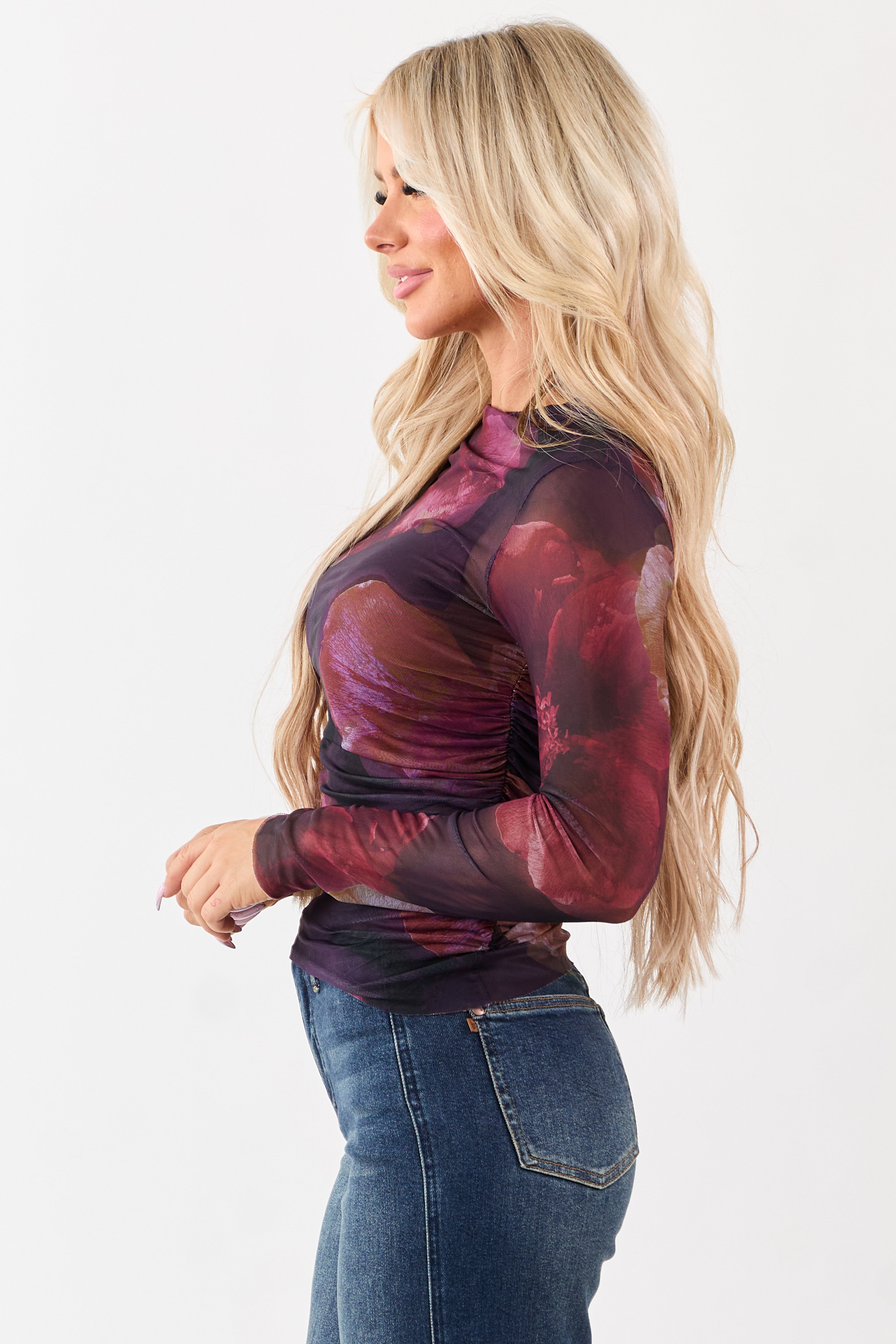 Grape Floral Print Long Sleeve Ruched Mesh Top