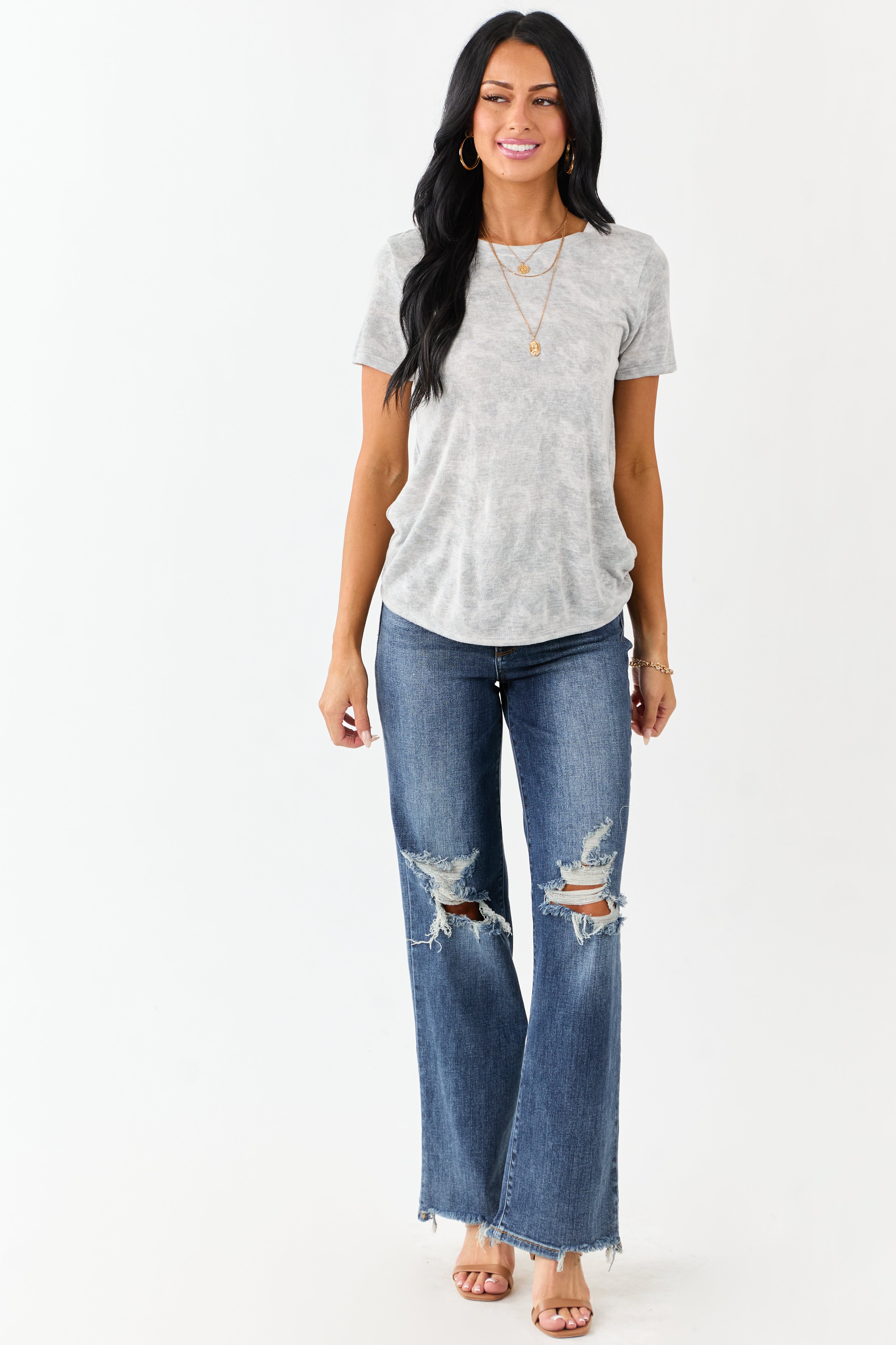 Heather Grey Faded Camo Print Short Sleeve Top