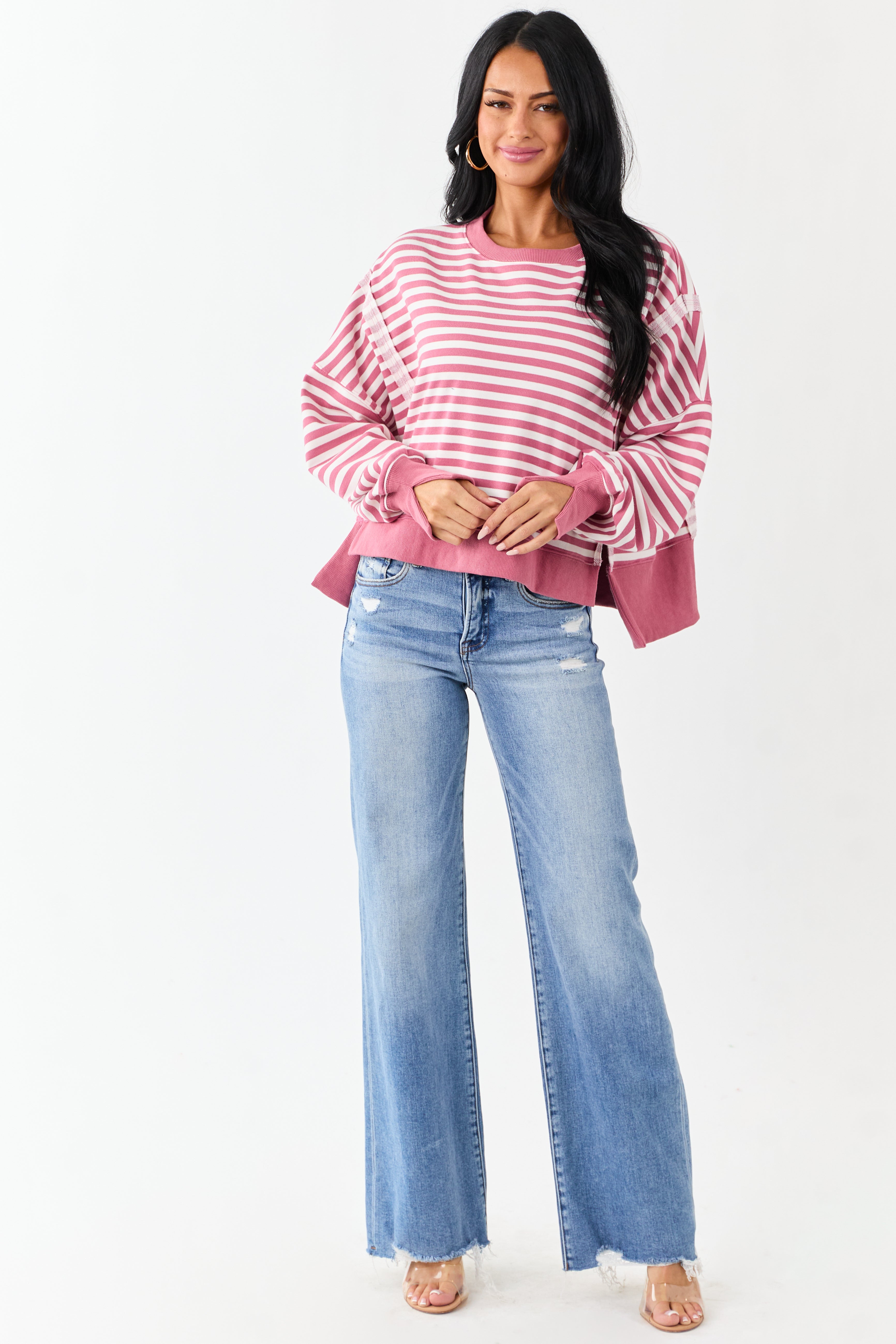 Hibiscus and Ivory Striped Relaxed Sweatshirt