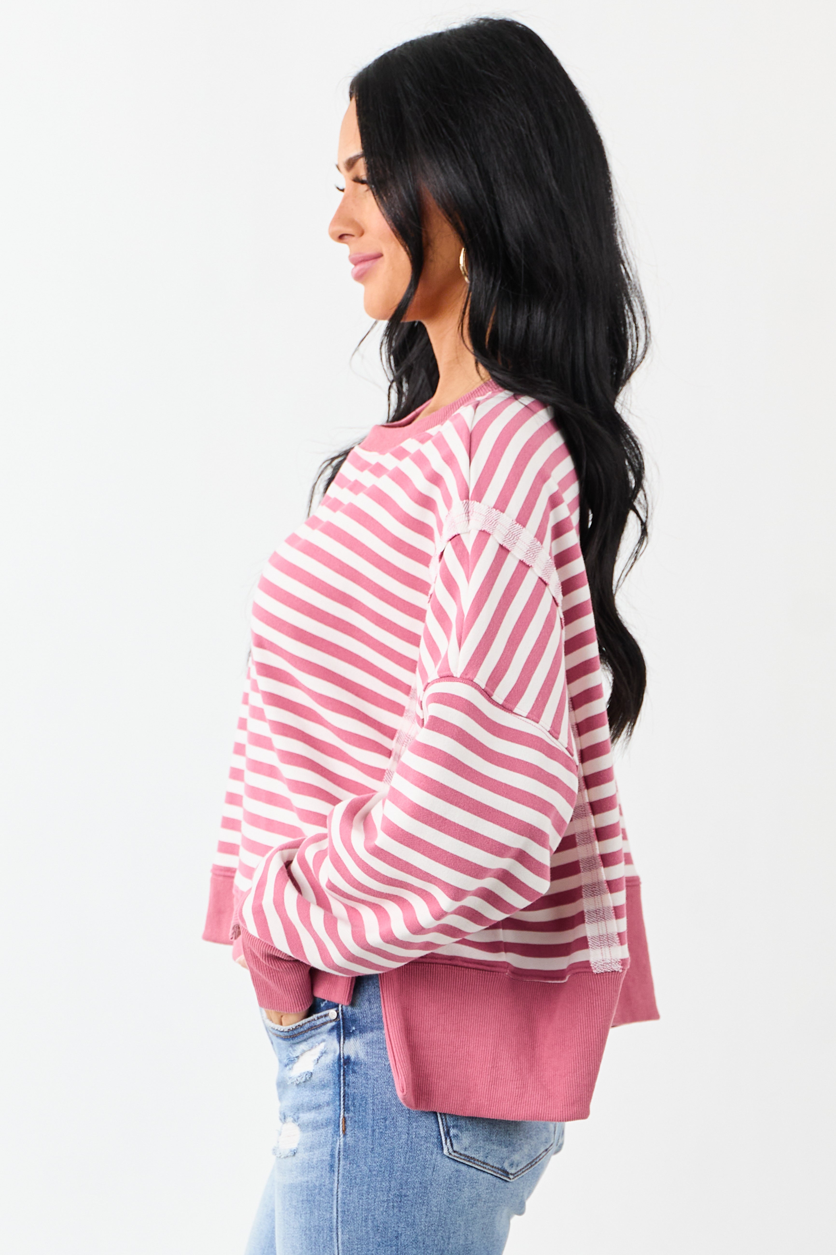 Hibiscus and Ivory Striped Relaxed Sweatshirt