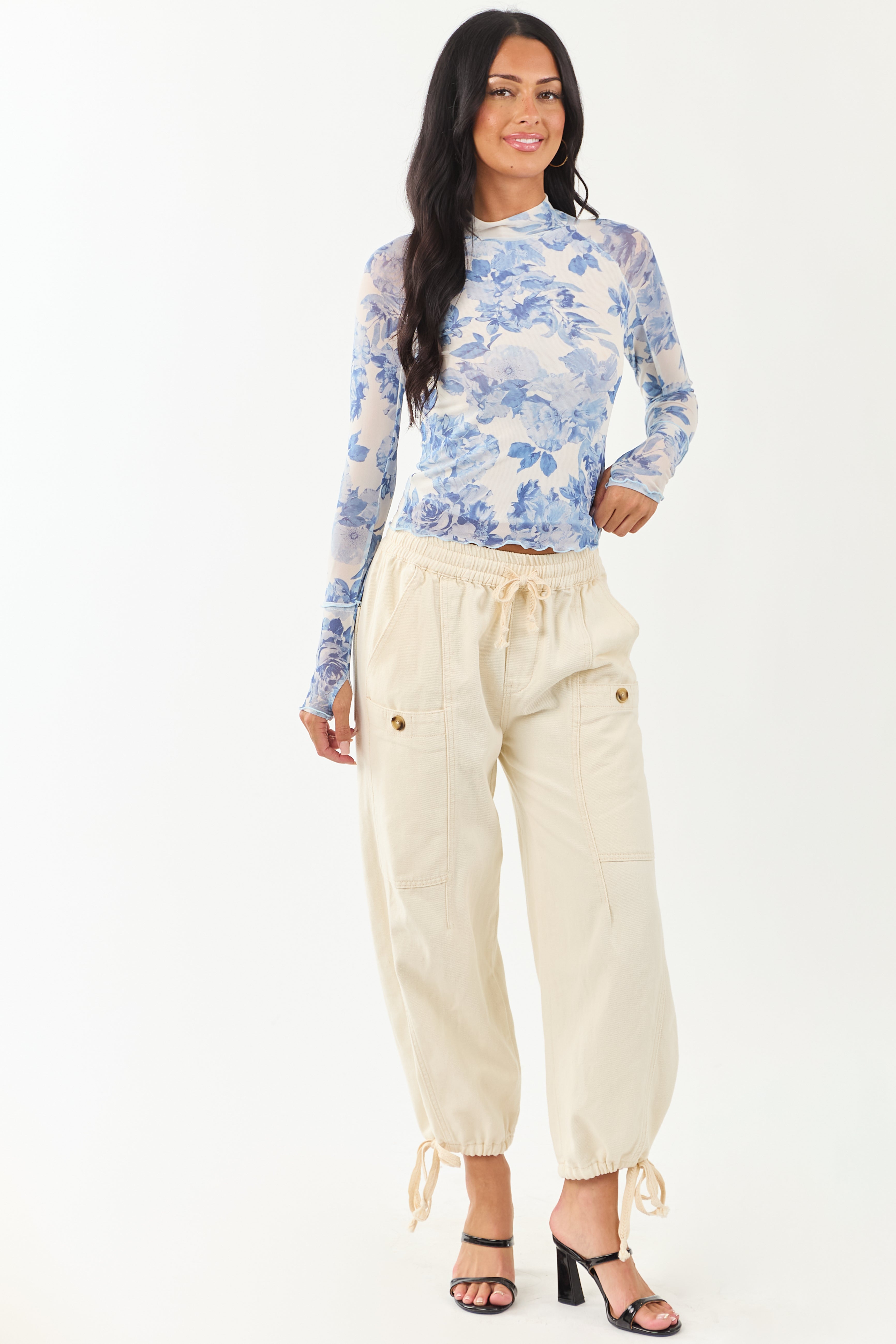 Ivory Floral Print Mock Neck Long Sleeve Top