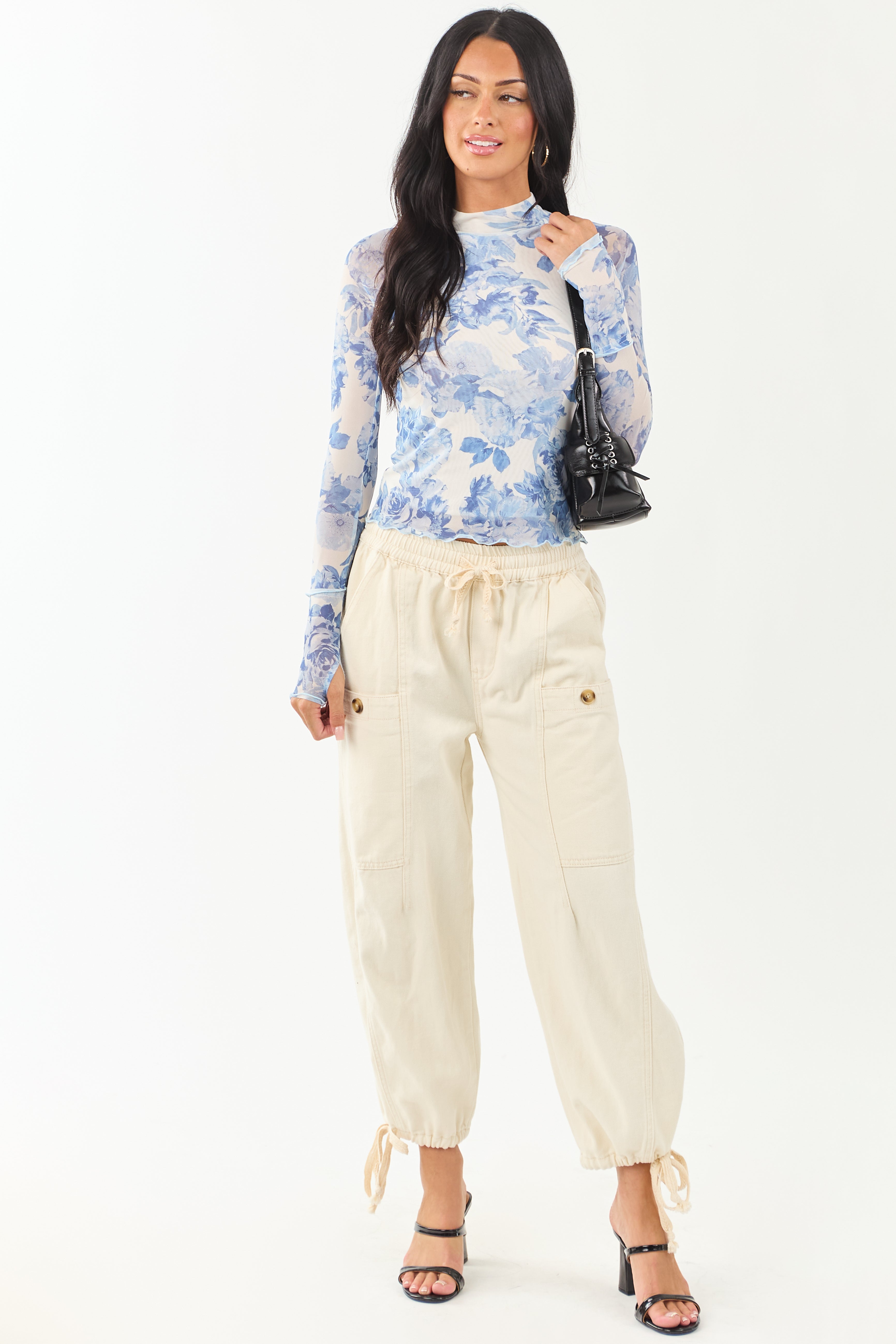 Ivory Floral Print Mock Neck Long Sleeve Top