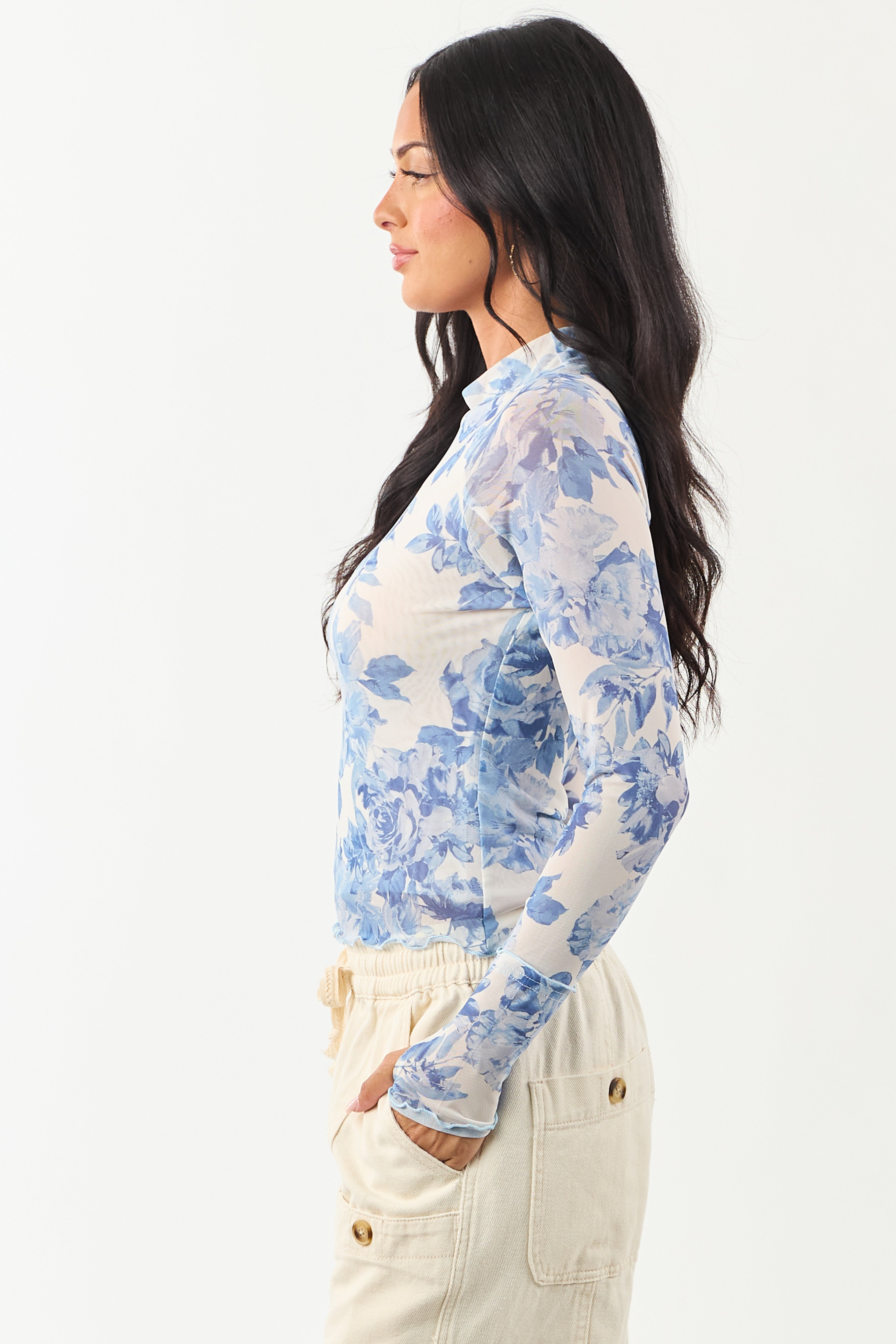 Ivory Floral Print Mock Neck Long Sleeve Top