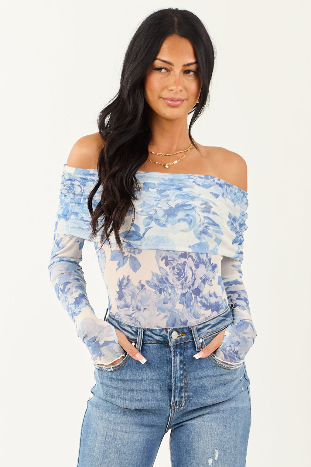 Ivory Floral Print Off the Shoulder Bodysuit