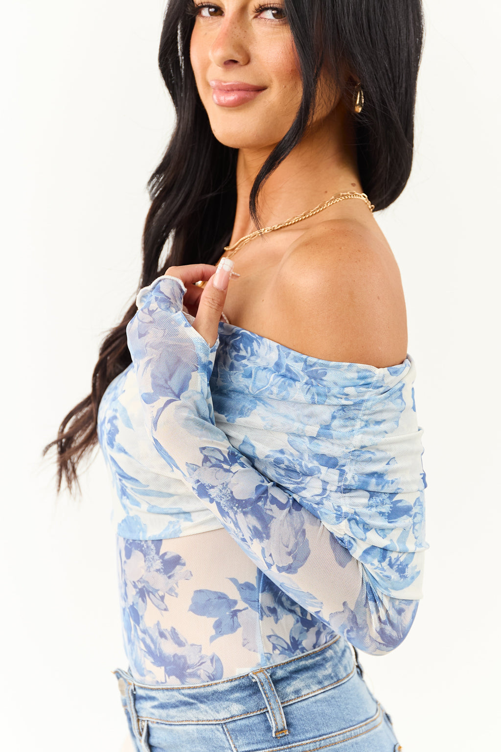 Ivory Floral Print Off the Shoulder Bodysuit