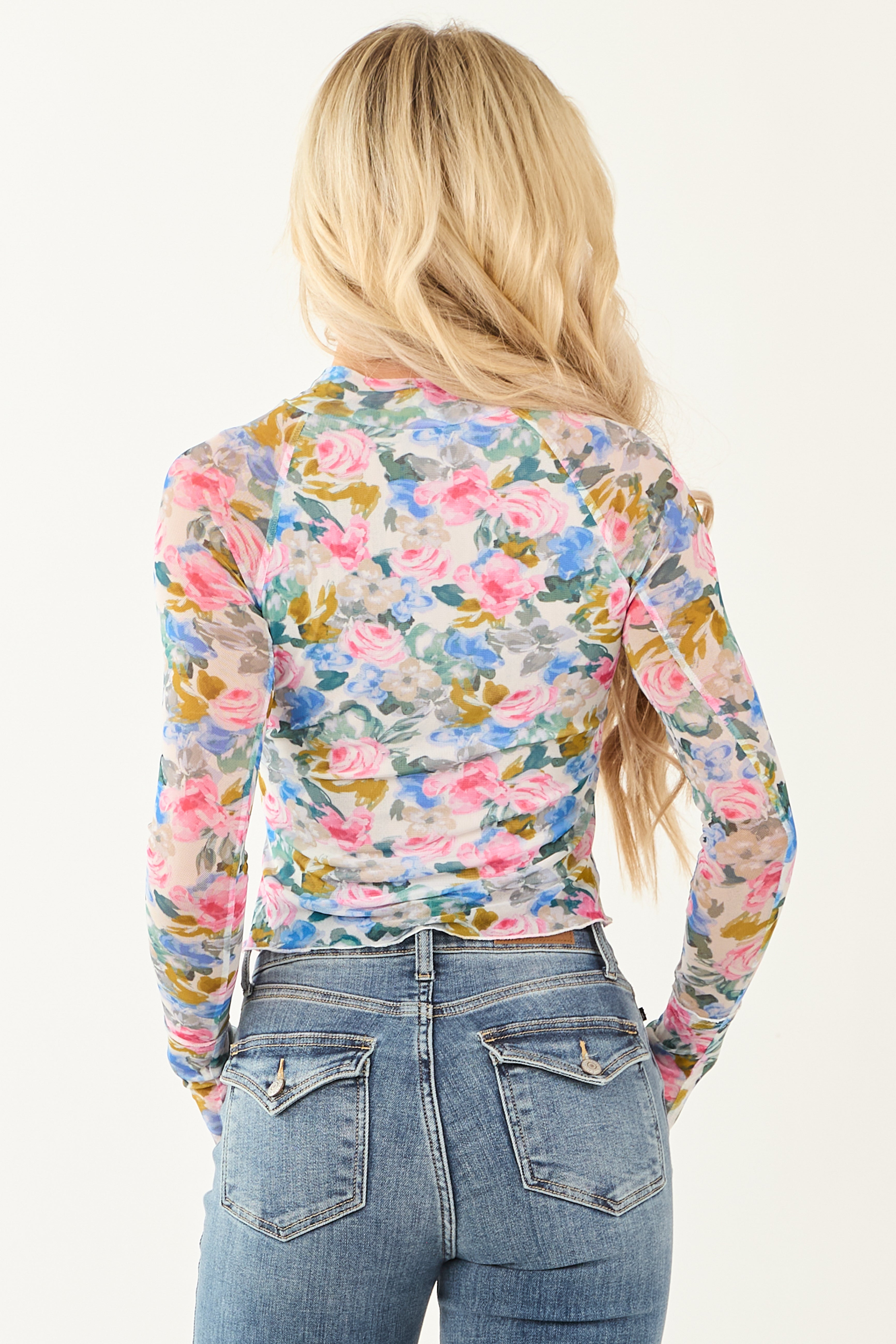 Ivory Mock Neck Floral Print Long Sleeve Top