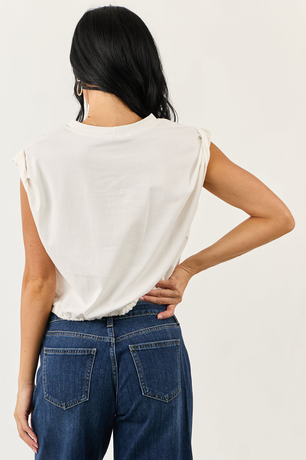Ivory Rolled Sleeve Drawstring Hem Top
