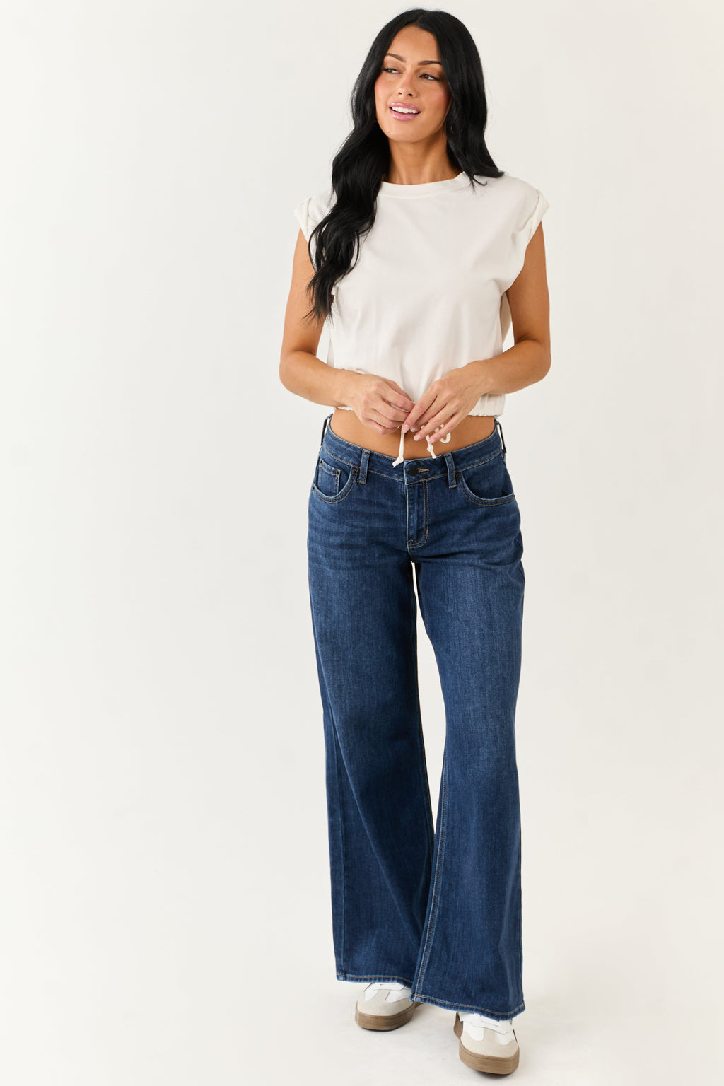 Ivory Rolled Sleeve Drawstring Hem Top
