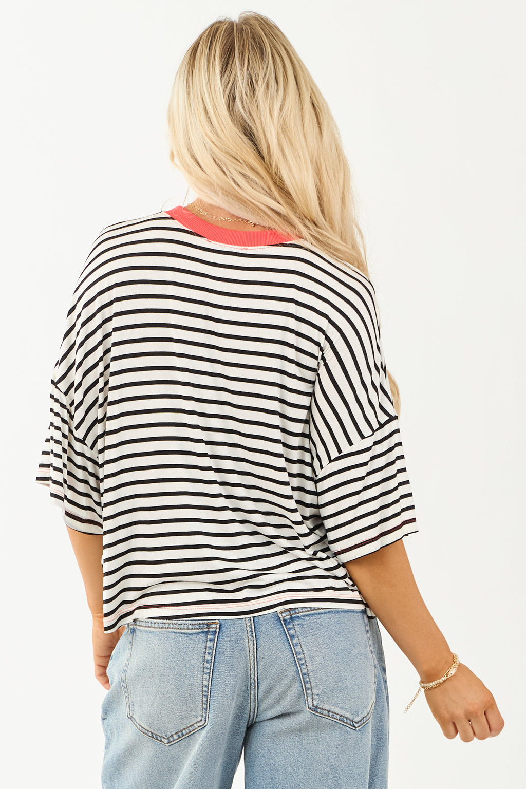 Ivory and Crimson Striped Half Sleeve Top