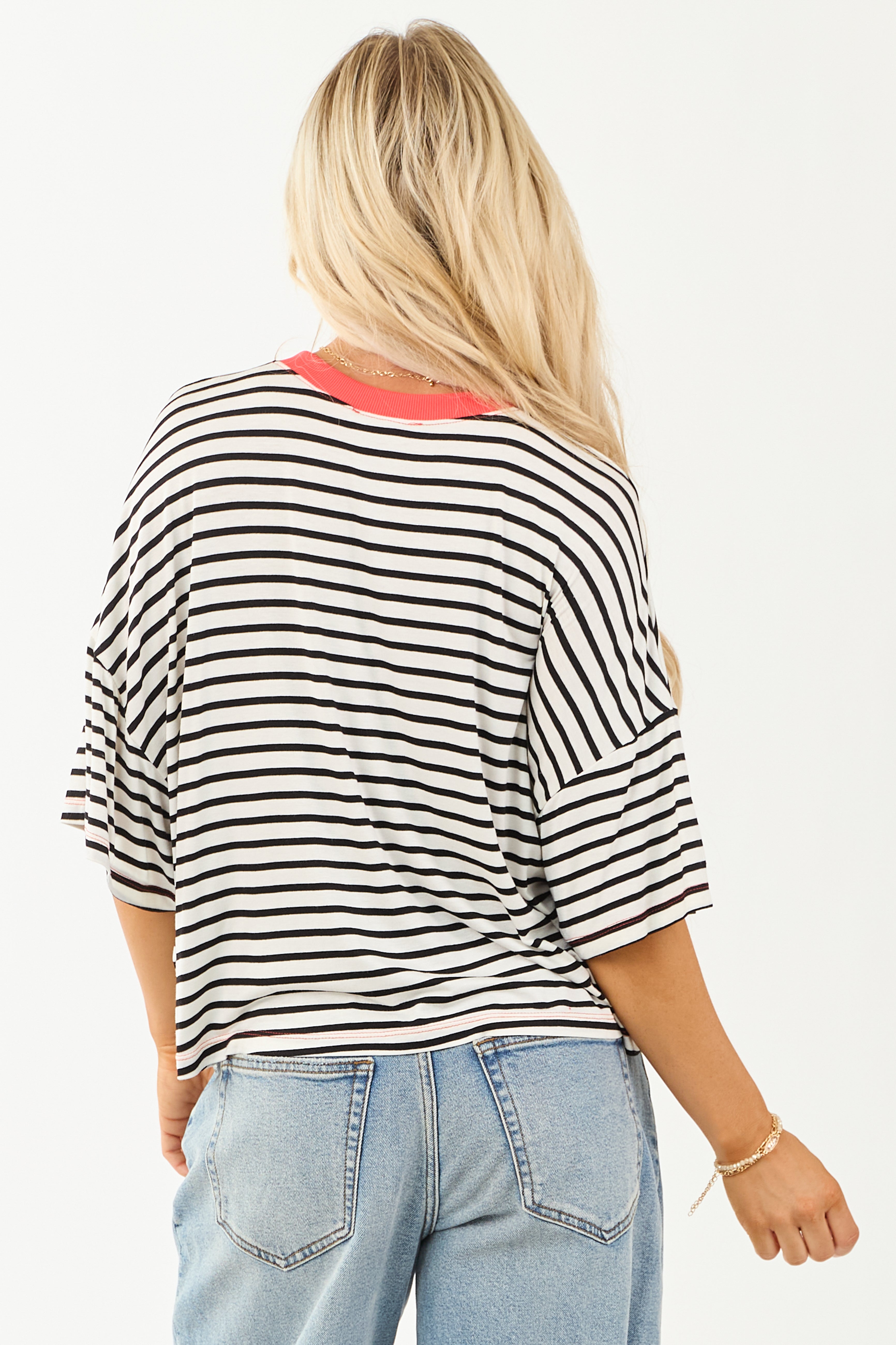 Ivory and Crimson Striped Half Sleeve Top
