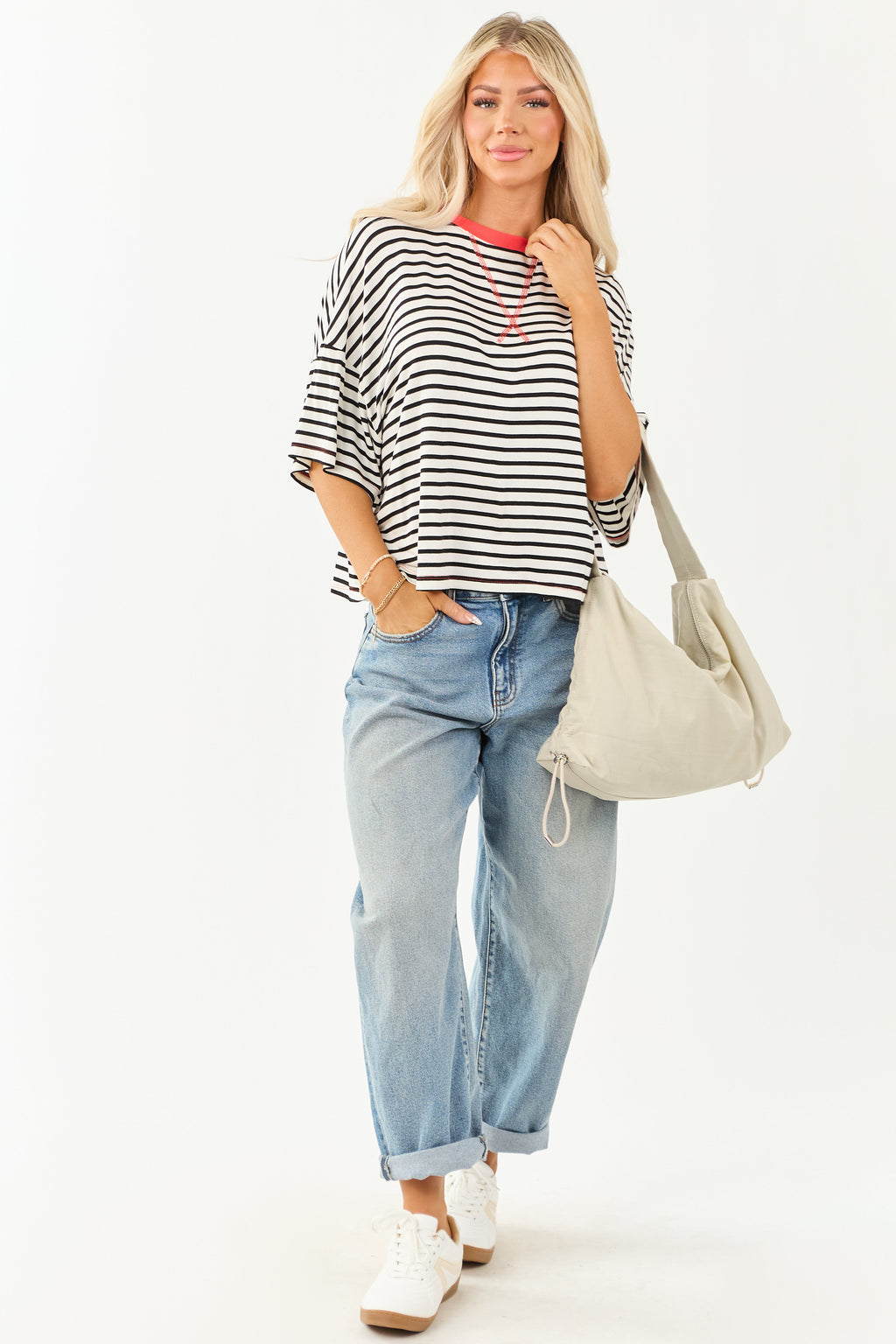 Ivory and Crimson Striped Half Sleeve Top