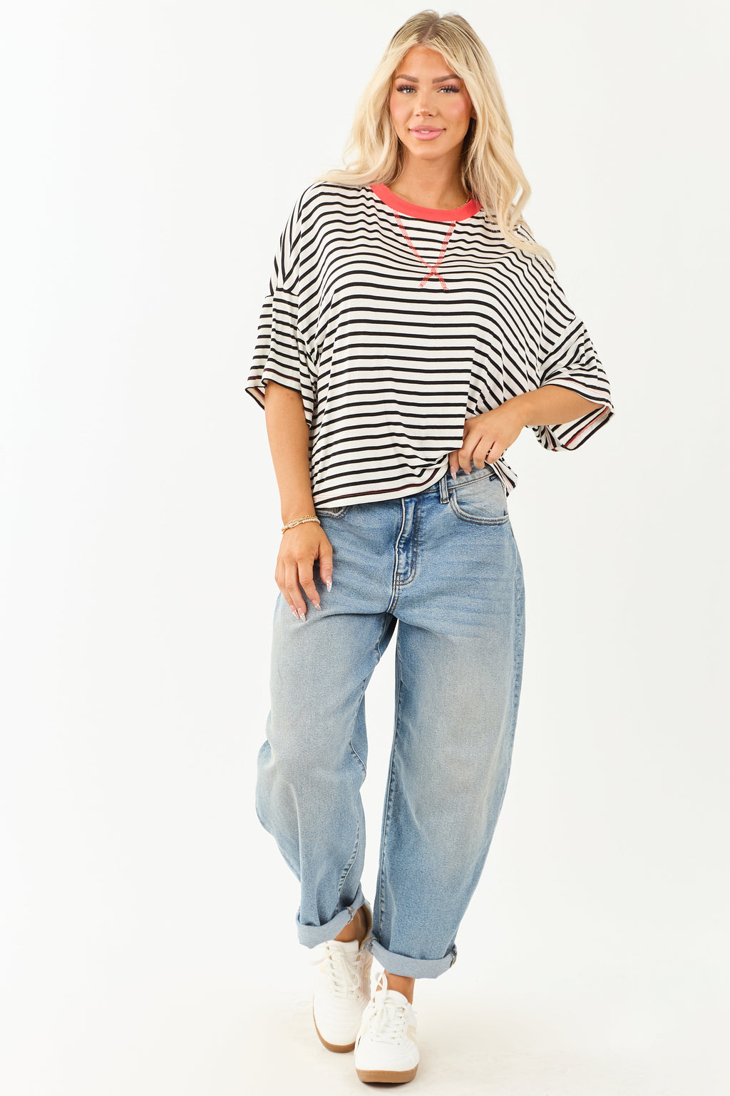Ivory and Crimson Striped Half Sleeve Top