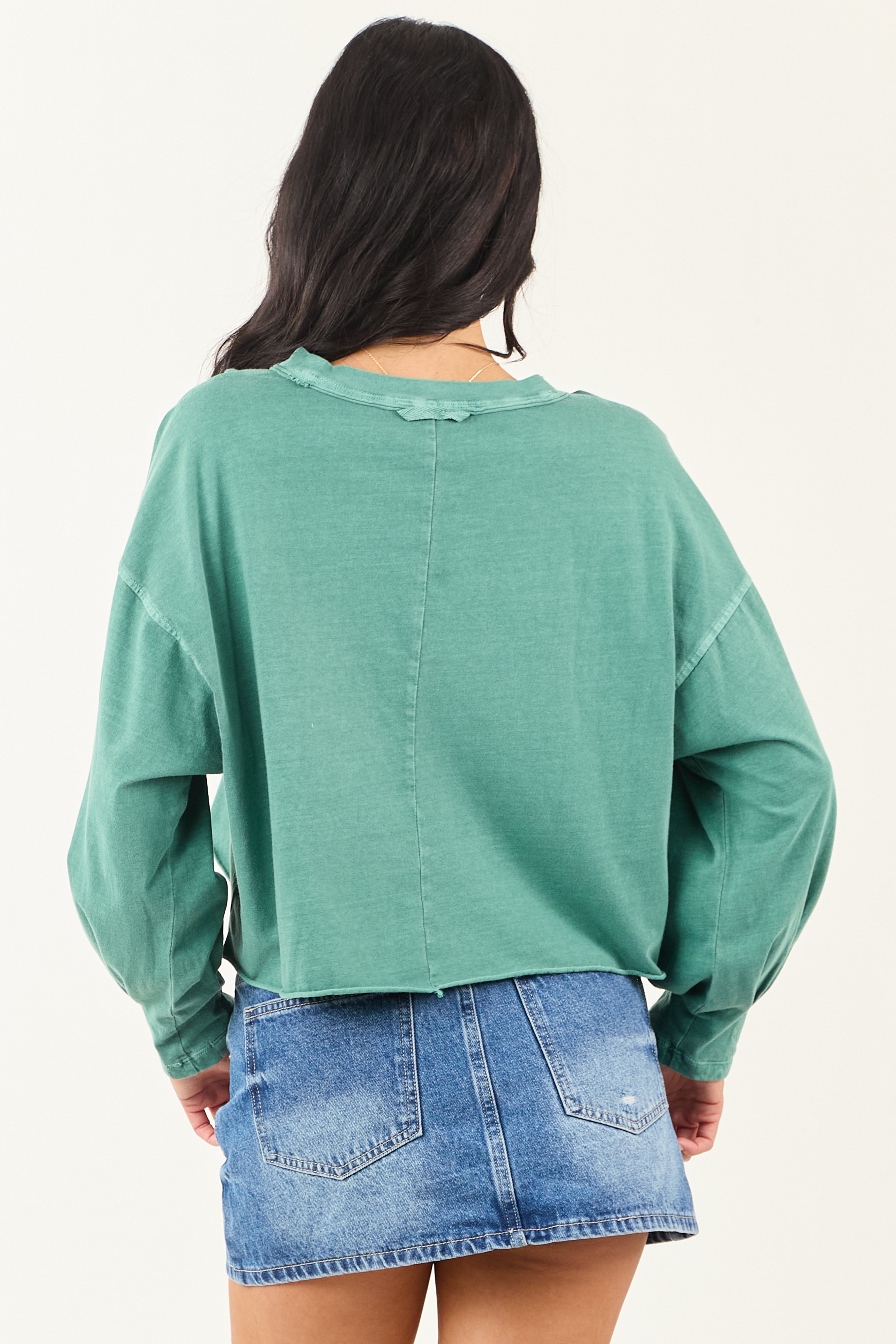 Jungle Green Washed Long Sleeve Cotton Top