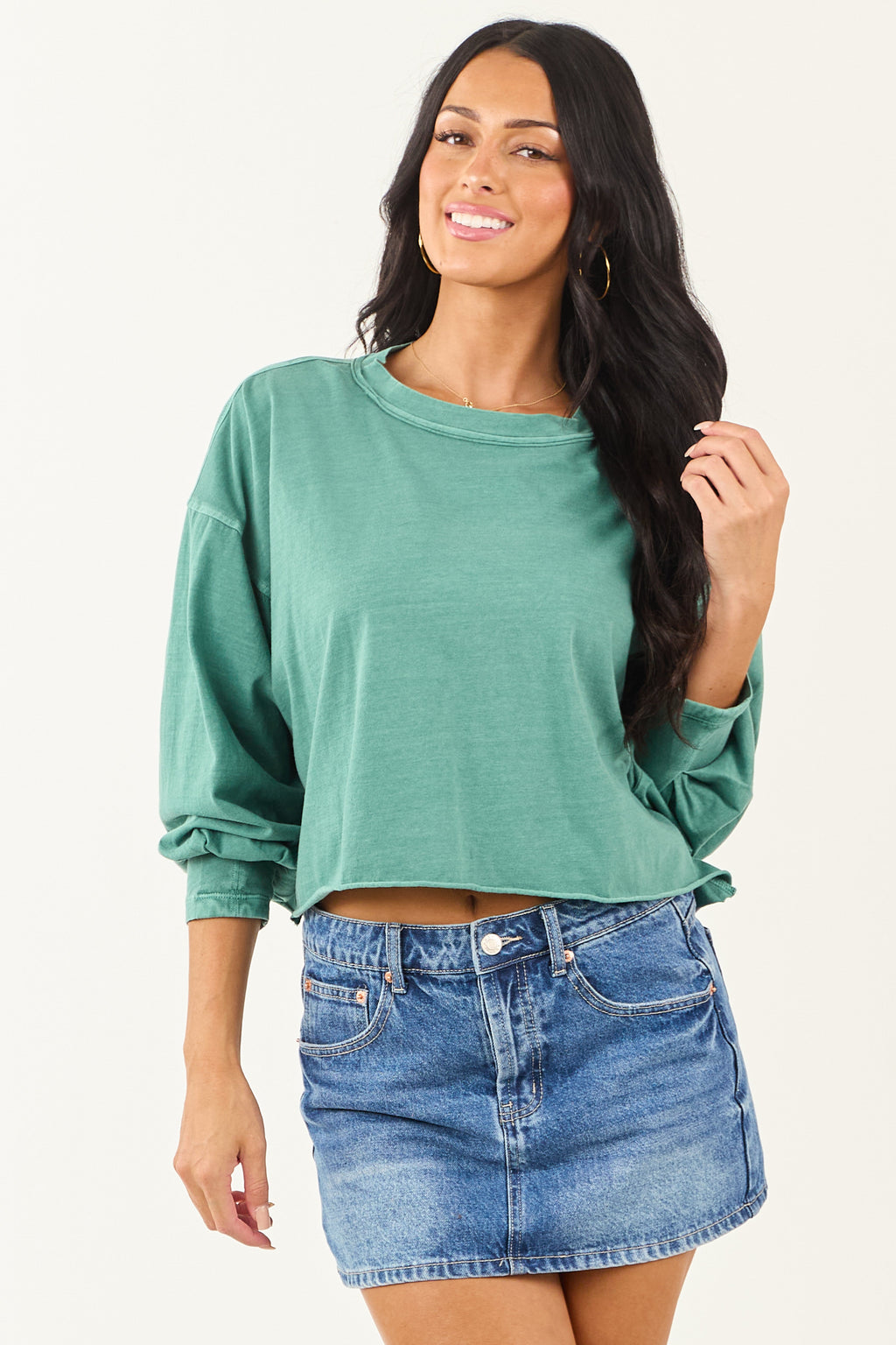 Jungle Green Washed Long Sleeve Cotton Top