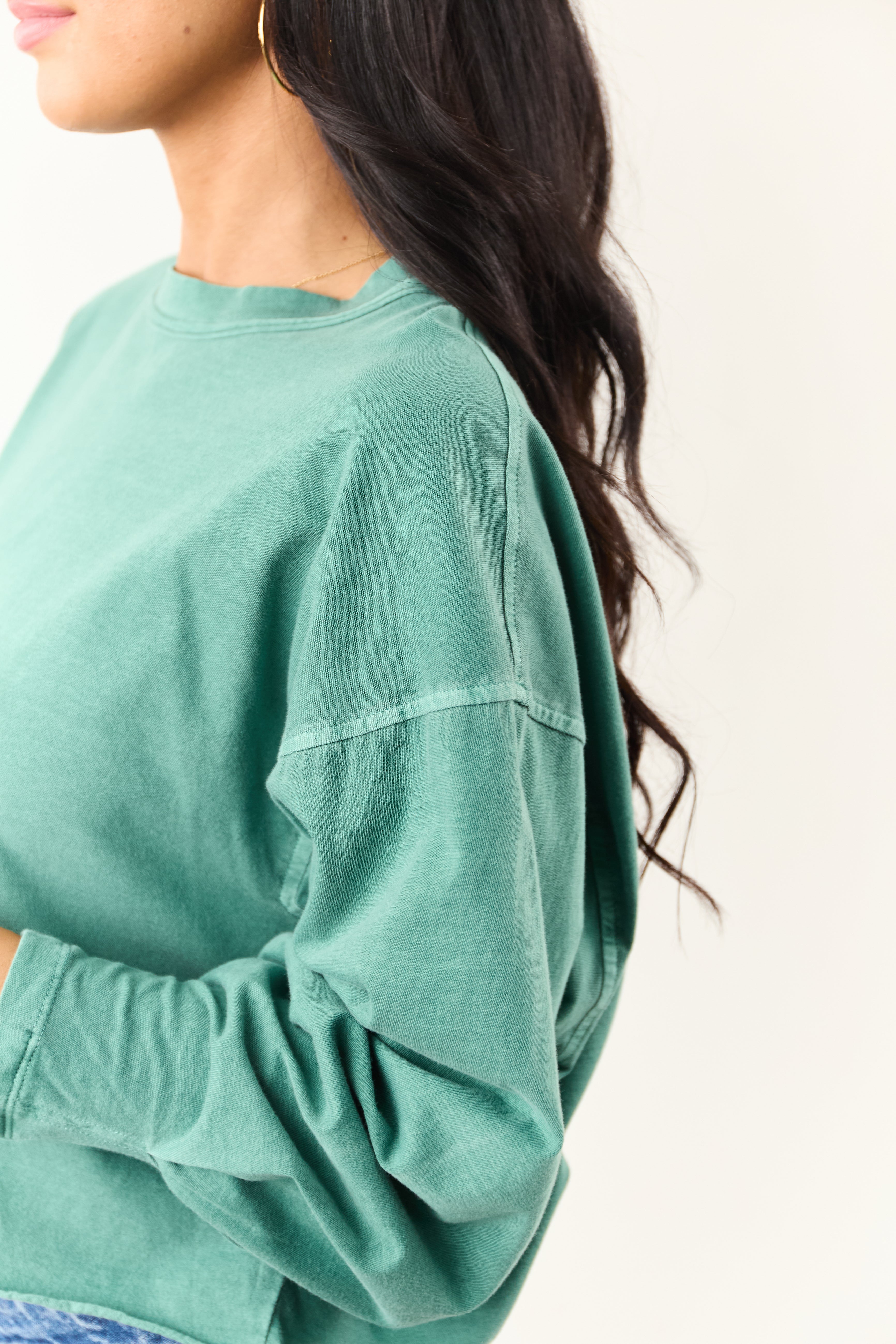 Jungle Green Washed Long Sleeve Cotton Top
