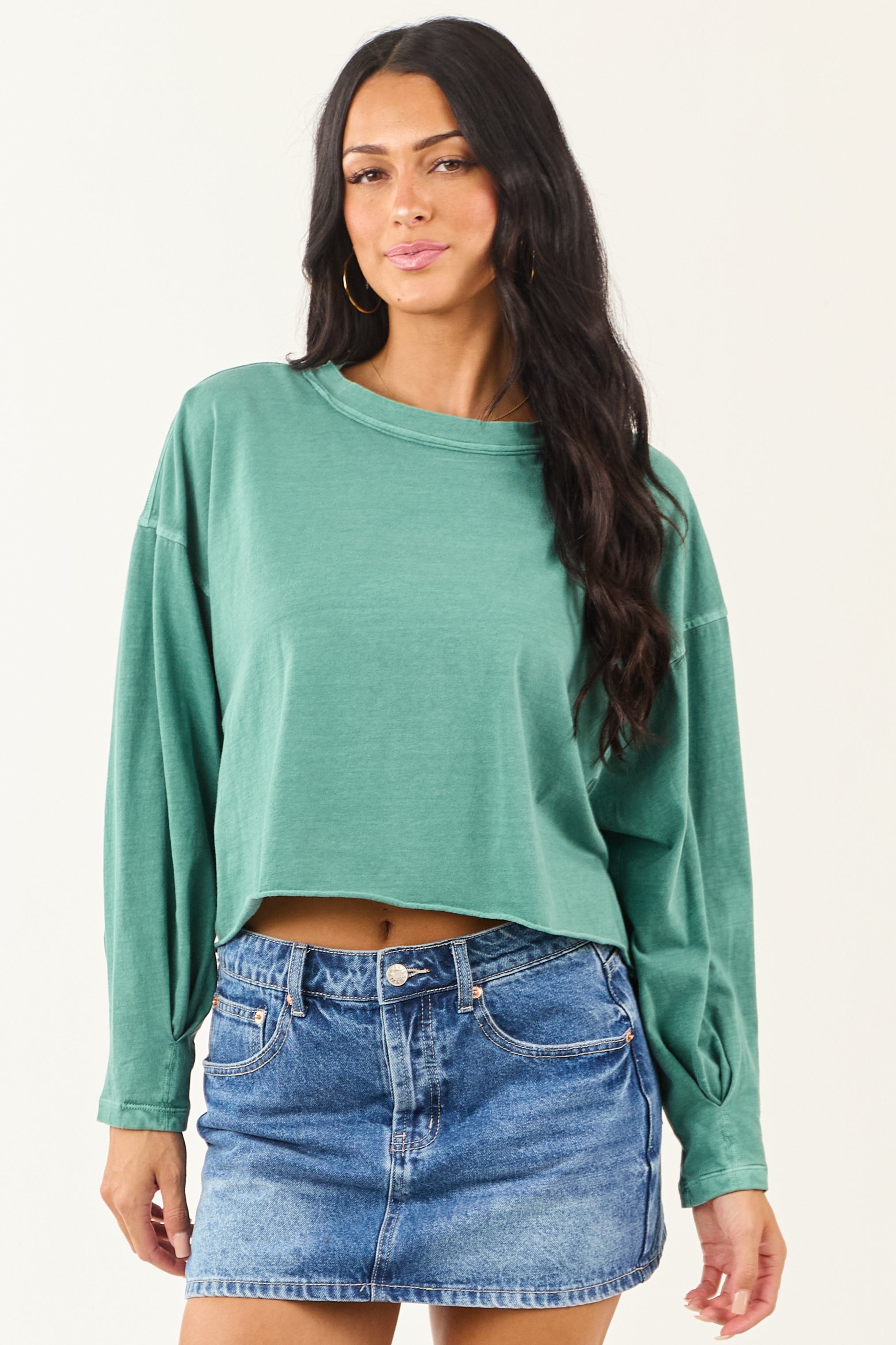 Jungle Green Washed Long Sleeve Cotton Top