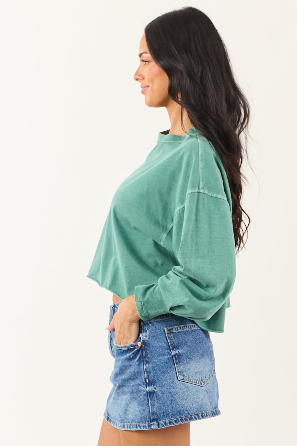 Jungle Green Washed Long Sleeve Cotton Top
