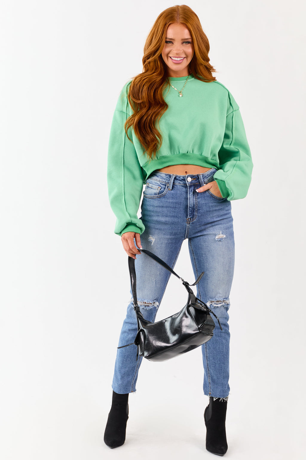 Kelly Green Cropped Boxy Crew Neck Sweatshirt
