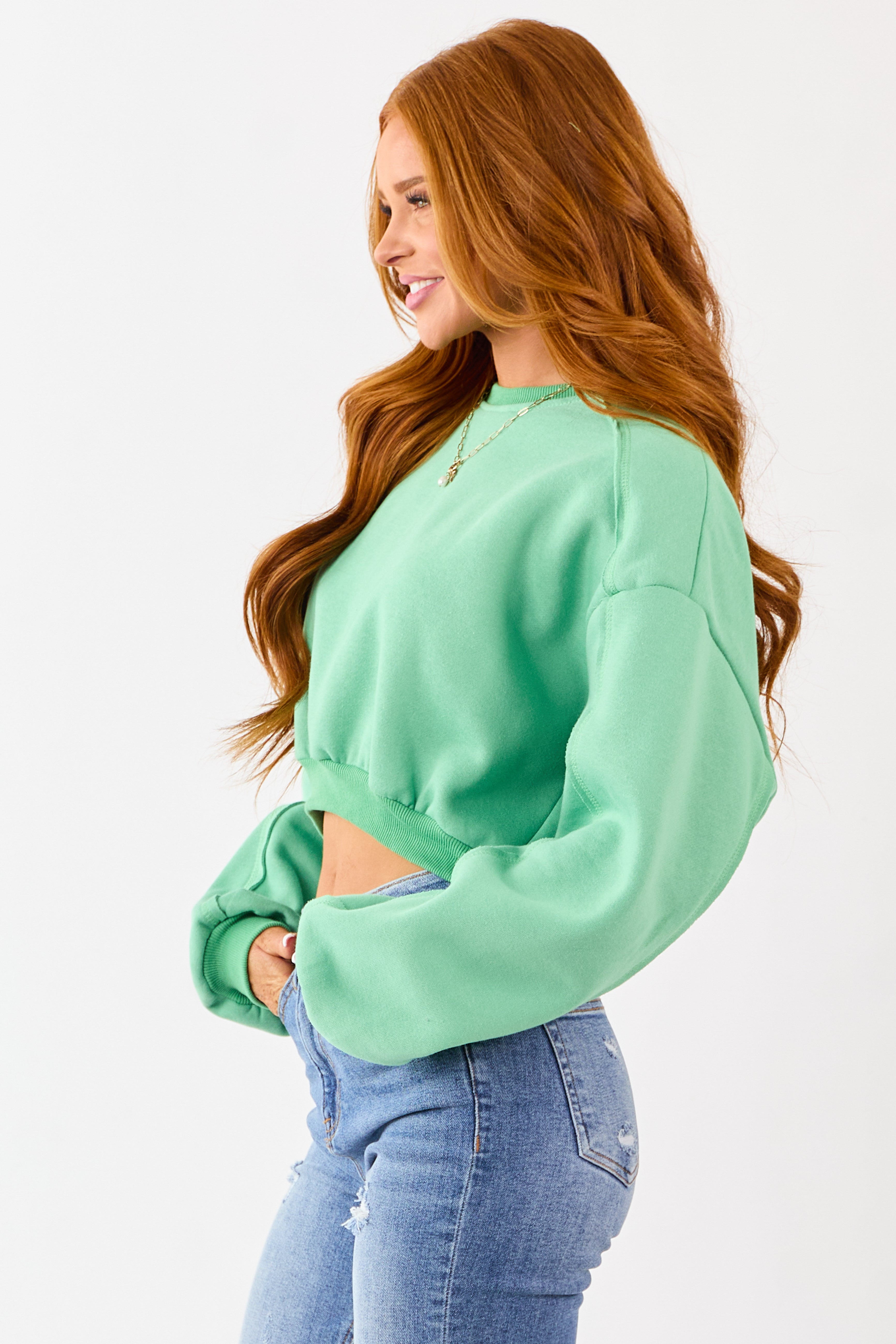 Kelly Green Cropped Boxy Crew Neck Sweatshirt