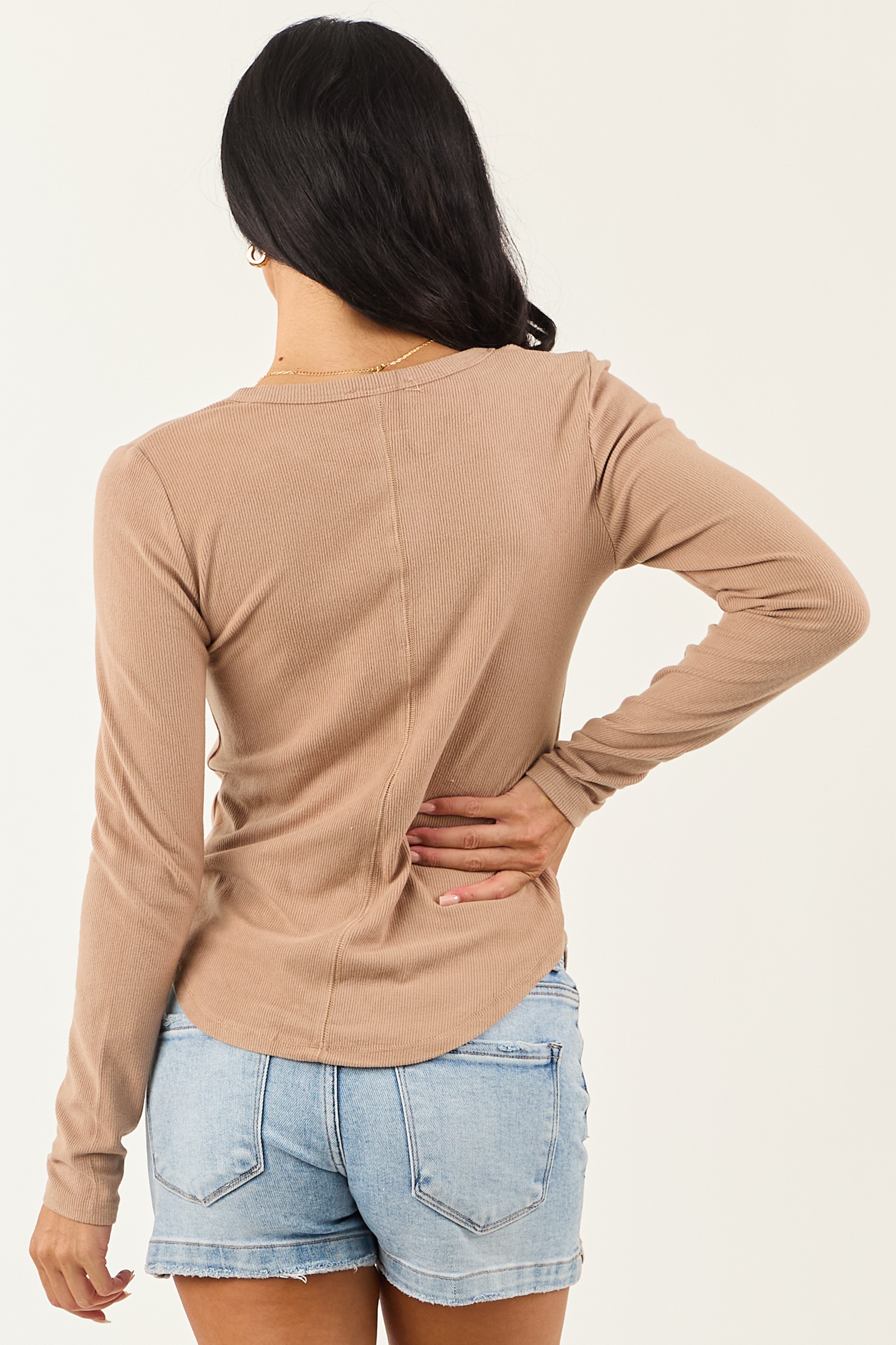 Latte Henley Soft Rib Knit Long Sleeve Top